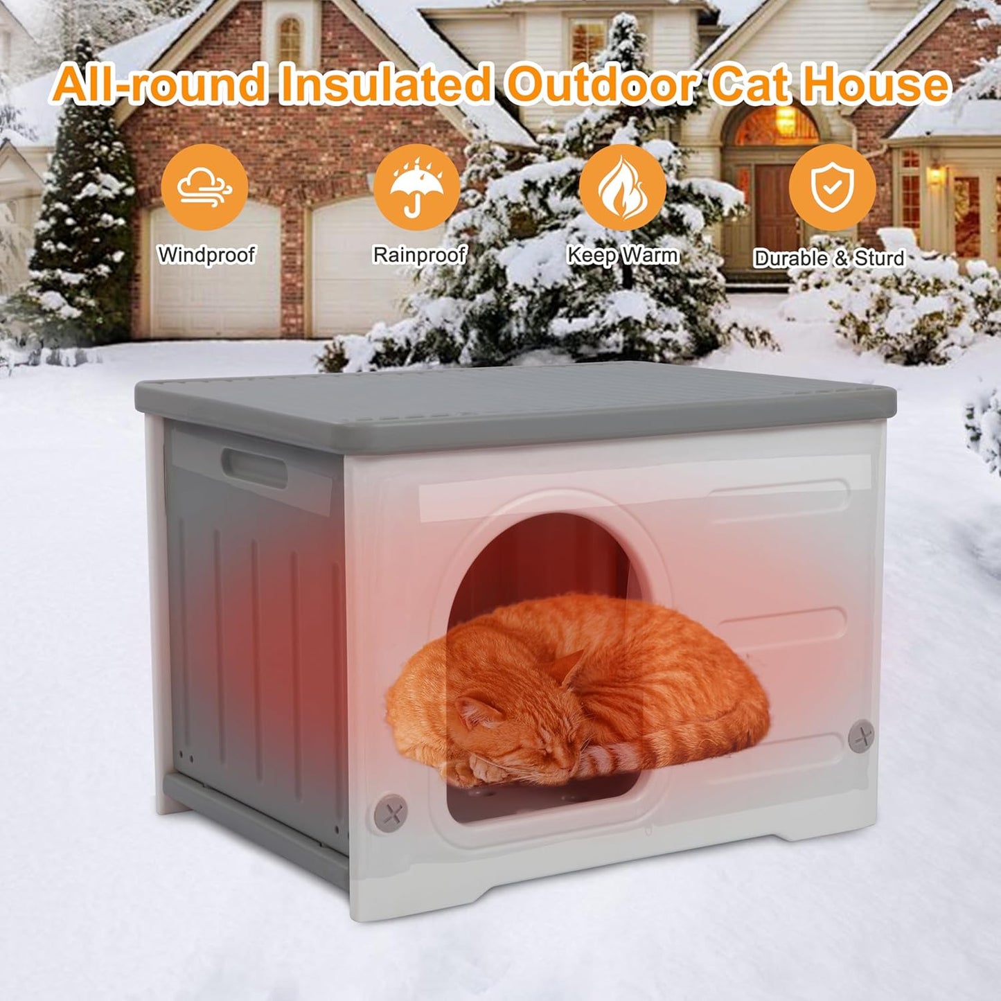 Rockever Plastic Outdoor Indoor Cat House with Insulated Liner, 100% Insulated Feral Cat House for Winter, Waterproof Cat Houses for Outdoor Cats, Spacious, Assemble Easily-Grey