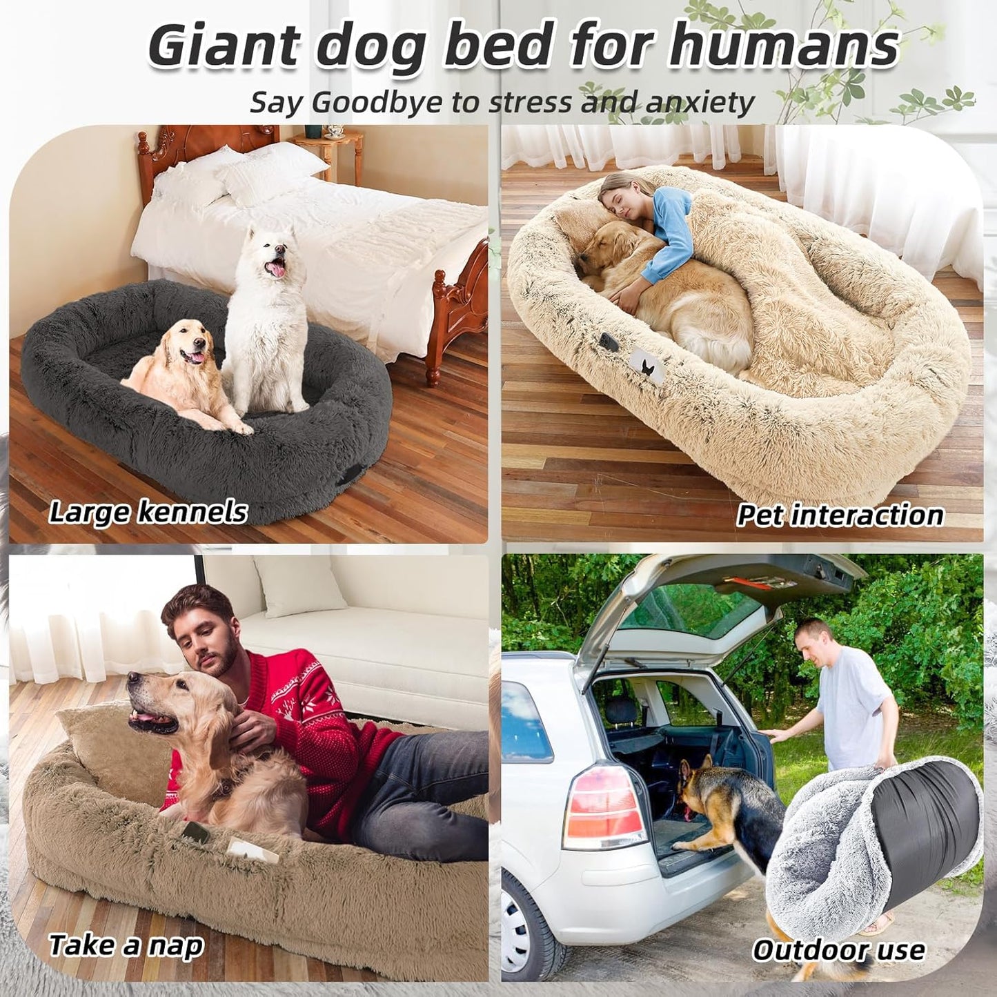 Human Dog Bed for Adults & Pets, 63"x32"x10" Faux Fur Nap Bed with Pillow, Blanket & Strap, Orthopedic Washable Lounger for Sleeping, Relaxing, Cuddling – Pink