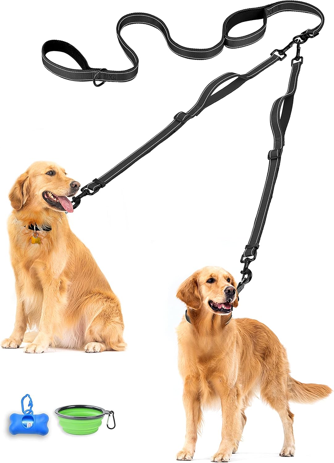 PetBonus Double Dog Leash, No Tangle Dual Leash, Reflective Walking Training Lead, 4 Comfortable Padded Handles for 2 Dogs with Collapsible Bowl and Waste Bags (Black, Large)