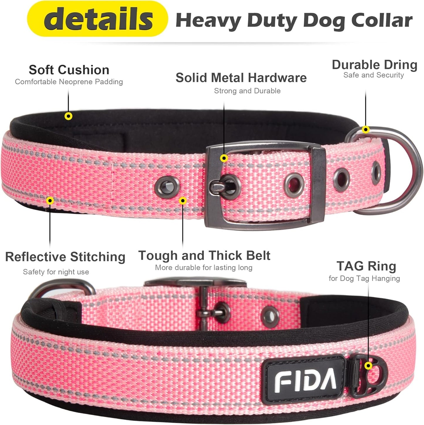 Fida Heavy Duty Dog Collar, Ultra Comfortable Soft Neoprene Padded, Adjustable Reflective Nylon Pet Collar with Durable Metal Belt Buckle for Large Breeds (L, Pink)