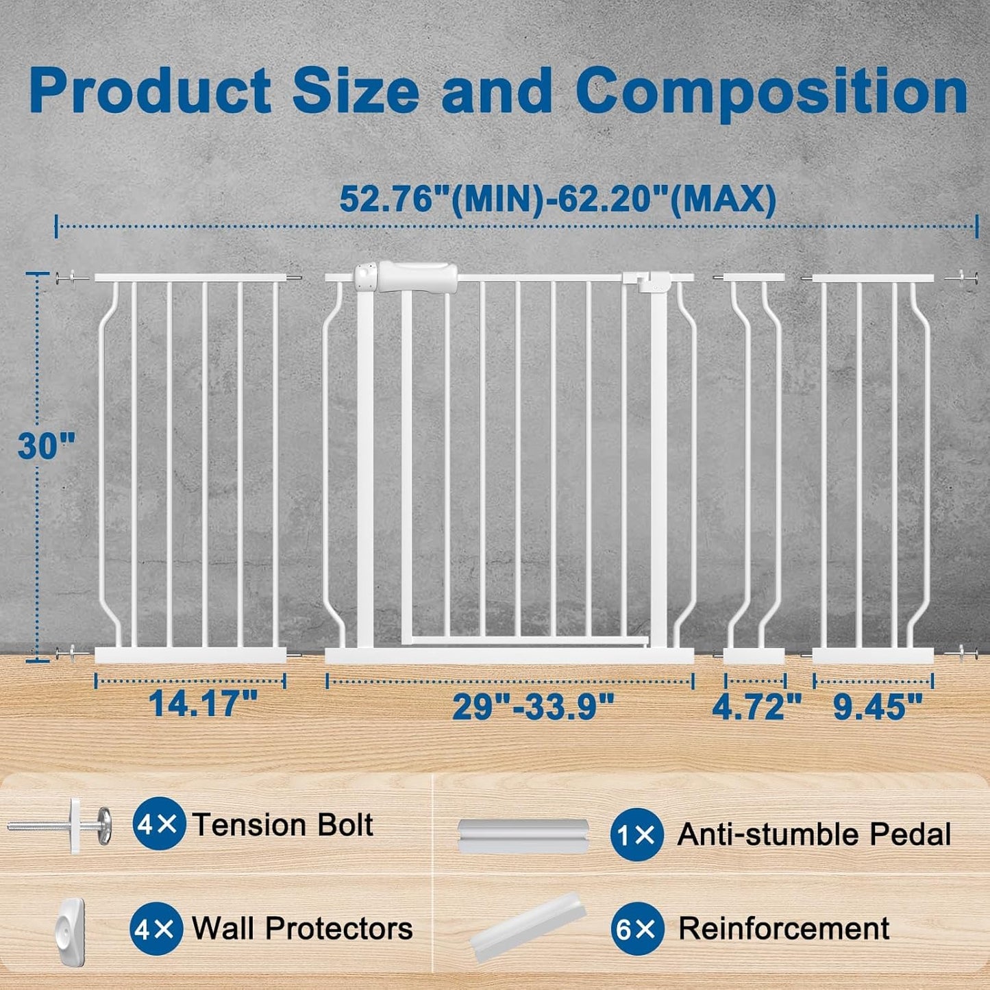 ALLAIBB Extra Wide Pressure Mounted Baby Gate Walk Through Child Kids Safety Toddler Tension White Long Large Pet Dog Gates with Extension for doorways Kitchen (52.76-62.2"/134-158cm, White)