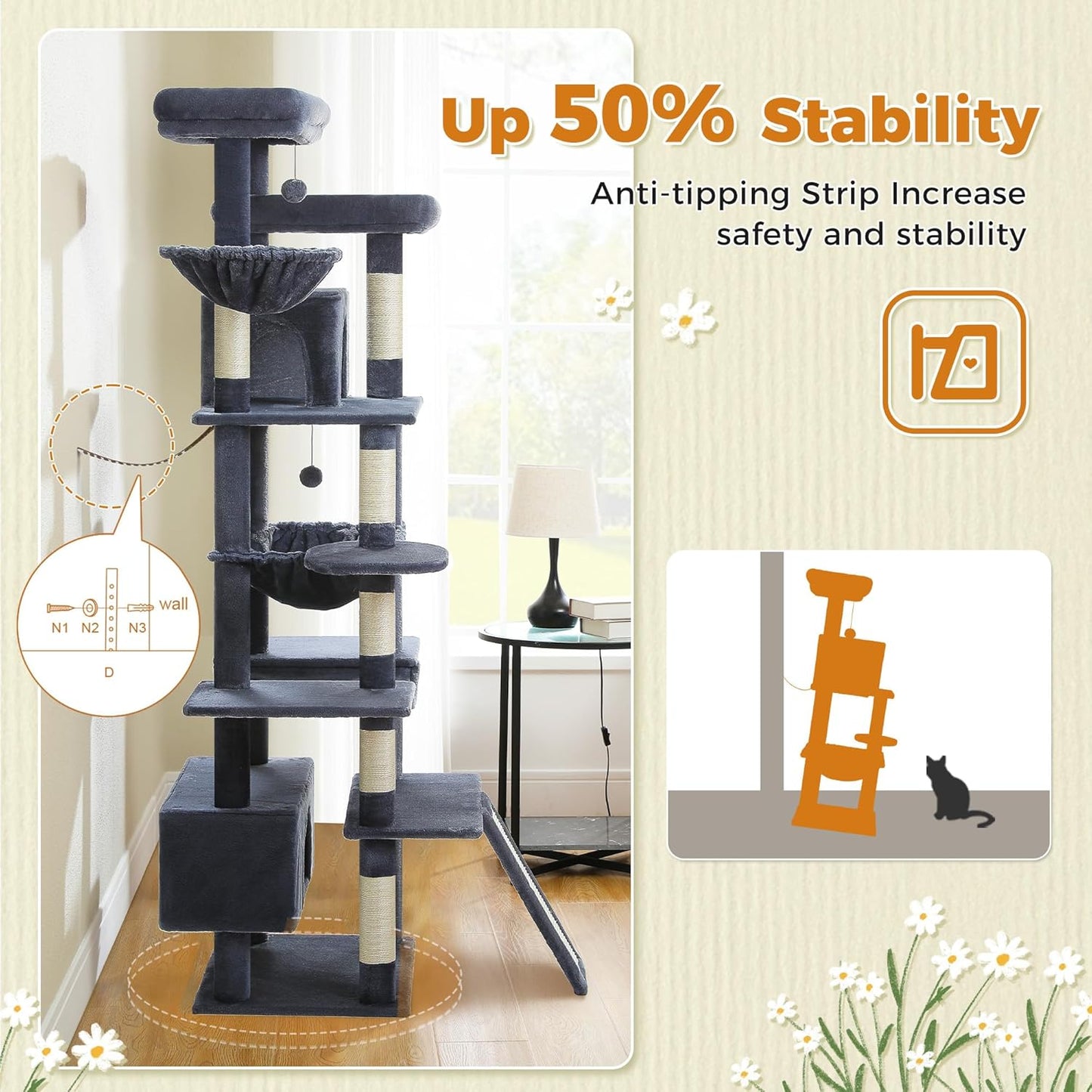 81 Inch Tall Cat Tree for Big Cats & Multi-Cat Homes, Large Heavy Duty Cat Tower with Metal Frame Hammock, 6 Scratching Posts, 2 Condos, 2 Perches, Scratching Pad - Dark Grey