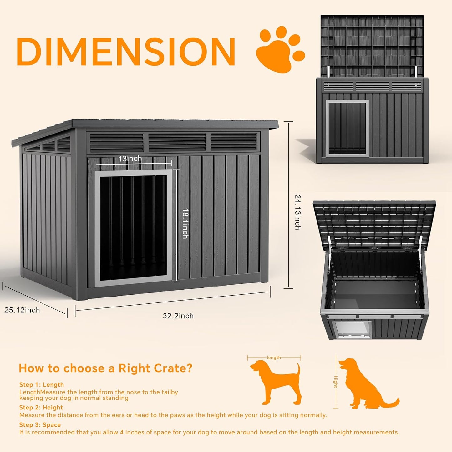 VIXZEN Dog House Indoor Outdoor,Waterproof Dog House for Small to Medium Dogs,Doghouse with Air Vents and Elevated Floor,Openable at The Top,Easy to Assemble and Clean,Black,32.2"×25.12"×24.13"