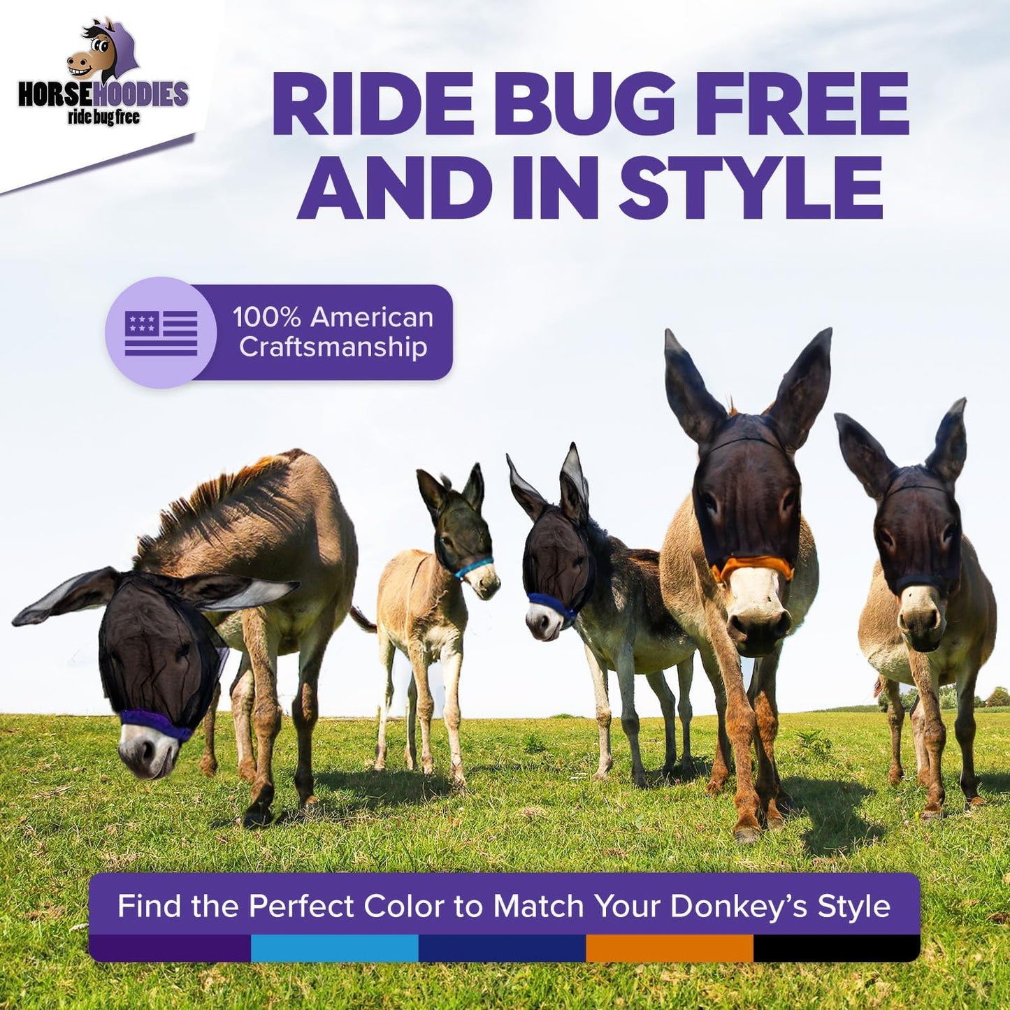 Donkey Fly Mask with Long Ears (Purple) Made in USA - Mule Fly Mask with Ears Protection from Insects and Bugs, Mini Donkey Soft Mesh Fabric with Adjustable Fastener, Face Cover Supplies for Donkeys