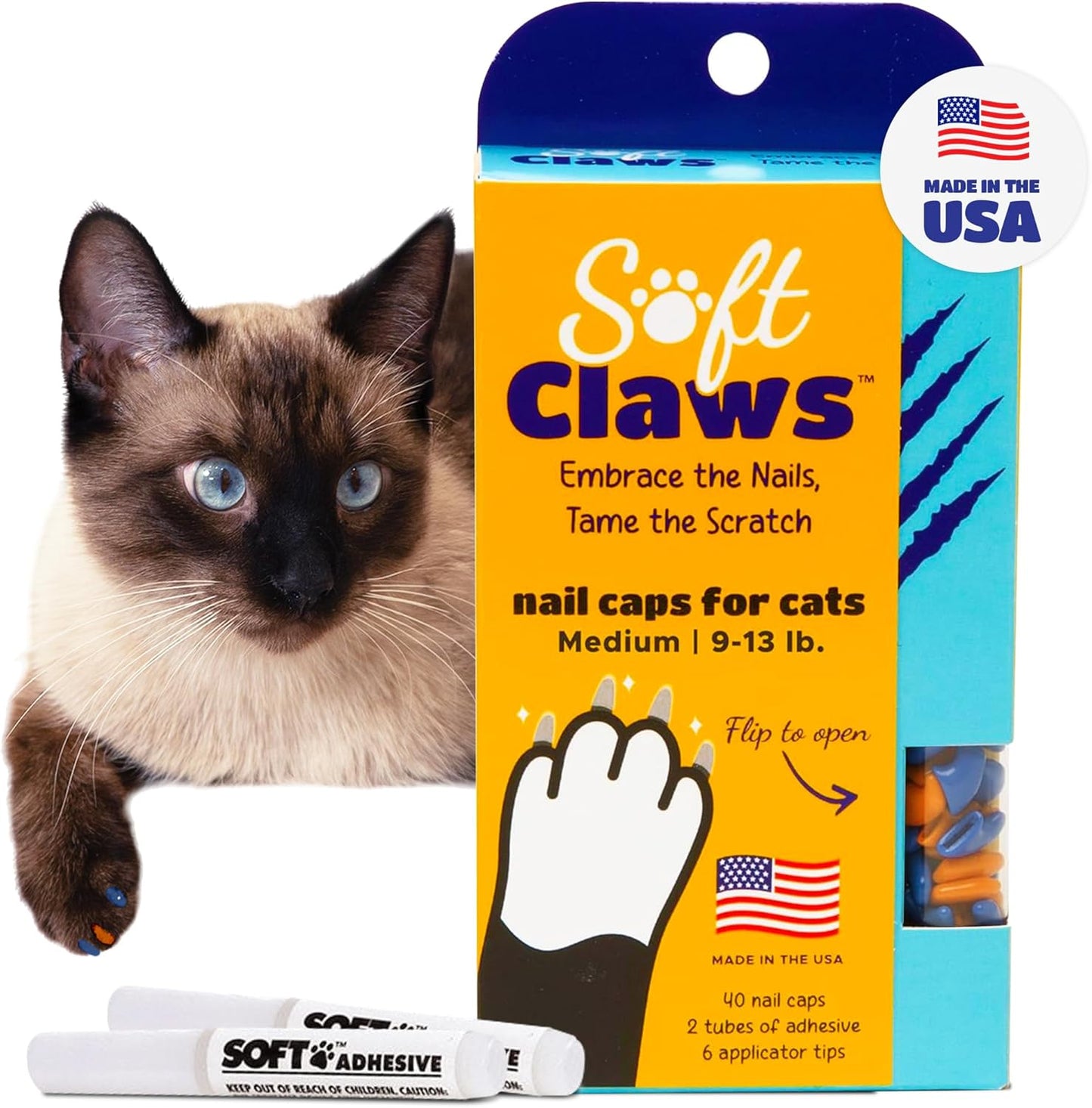 Soft Claws Cat Nail Caps for Medium Cats – (40 Caps, Blue & Orange) - Made in USA - Veterinarian-Developed | Protects Furniture & Skin - Easy to Apply, Long-Lasting Anti-Scratch Soft Cat Claw Covers