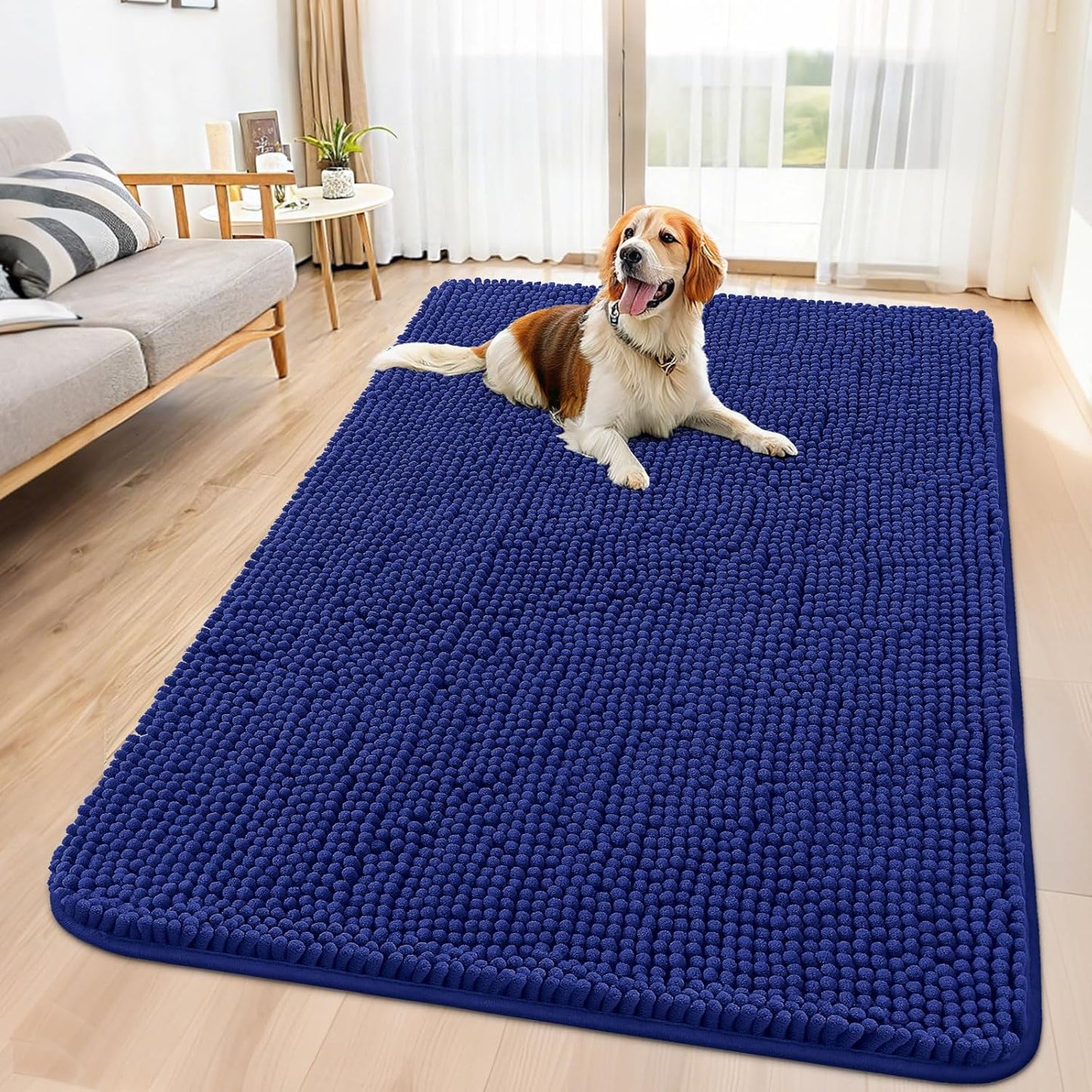 Smiry Dog Door Mat for Muddy Paws 59x35, Absorbs Moisture and Dirt Doormat, Non-Slip Washable Quick Dry Chenille Front Door Mat Indoor Entrance, Entryway Carpet for Inside Floor, Navy Blue
