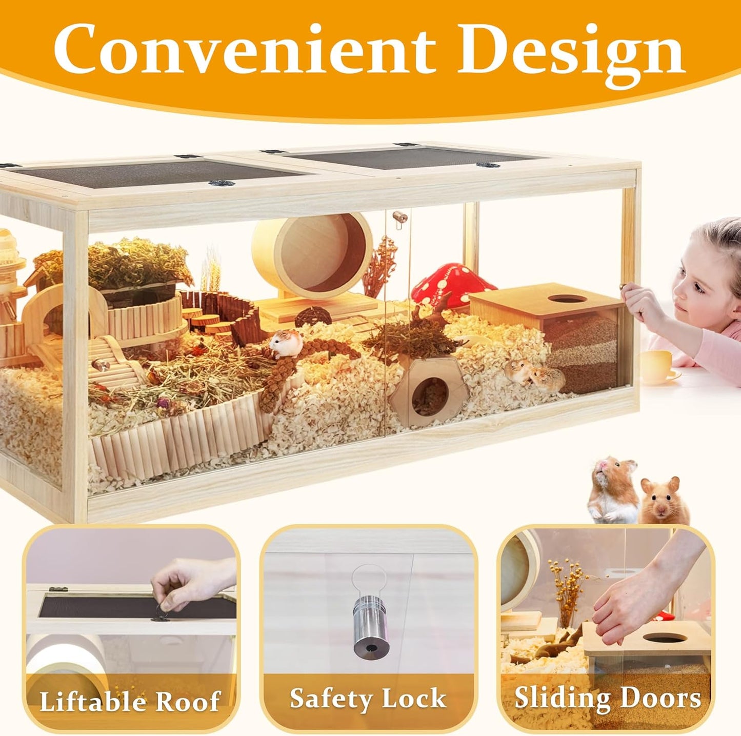Prolee Hamster Cage with Lock Design,Large Hamster Enclosure with Openable Metal Mesh Top,Wooden Chewproof Gerbil Cage for Hedgehog Mouse Gerbil (48"x20"x20")