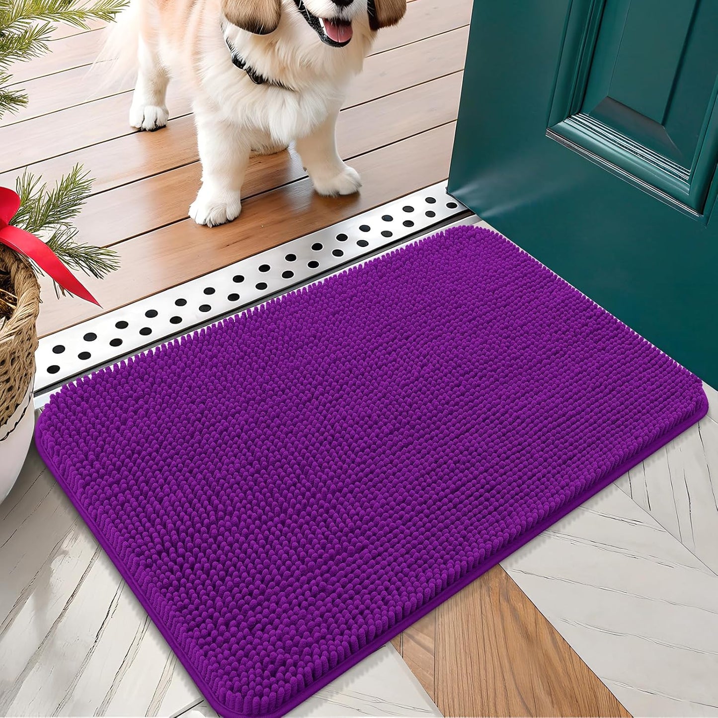OLANLY Dog Door Mat for Muddy Paws 30x17, Absorbs Moisture and Dirt, Absorbent Non-Slip Washable Doormat, Quick Dry Chenille Mud Mat for Dogs, Entry Indoor Entryway Carpet for Inside Floor, Purple