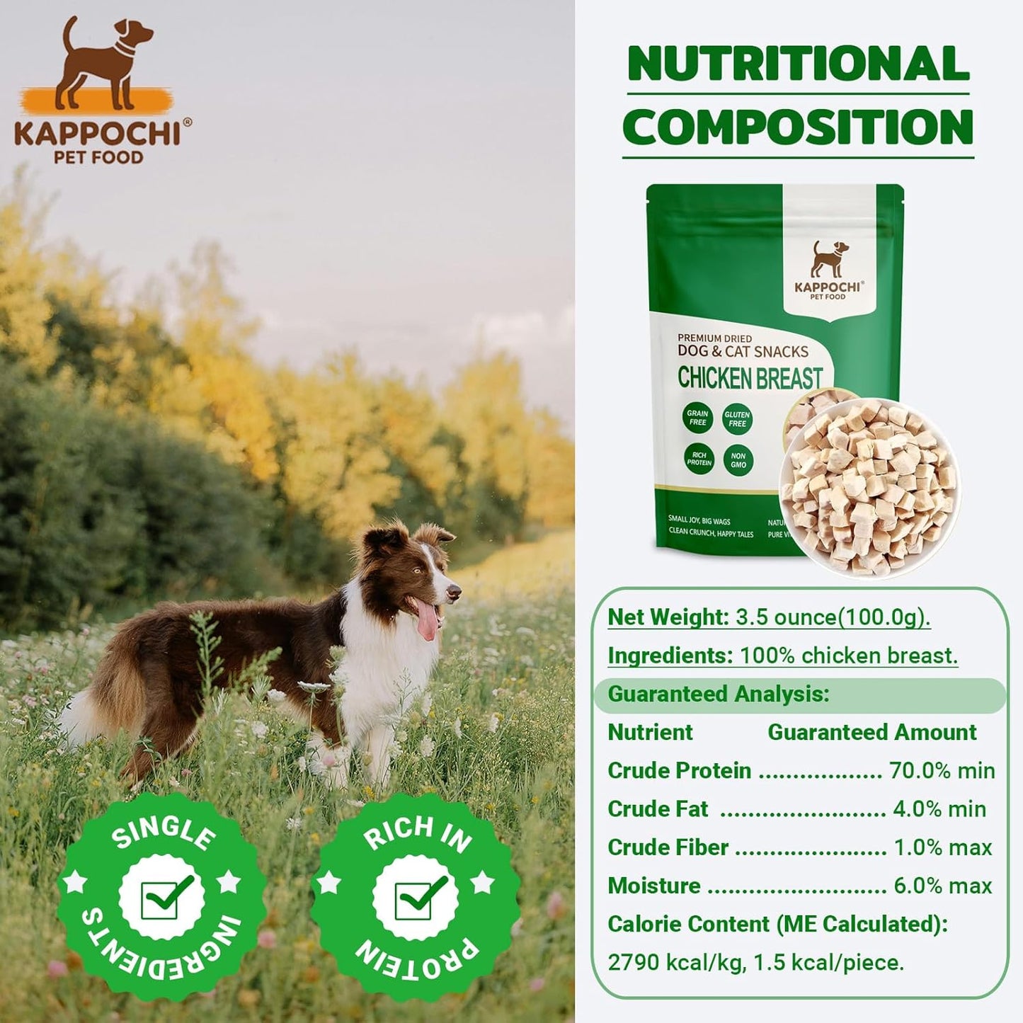 Freeze-Dried Chicken Breast Dog Treats, 3.5oz(100.0g), 100% Single Ingredient, Low Fat, High Protein Training Treats, Natural & Raw, No Additives, Grain Free, Gluten Free