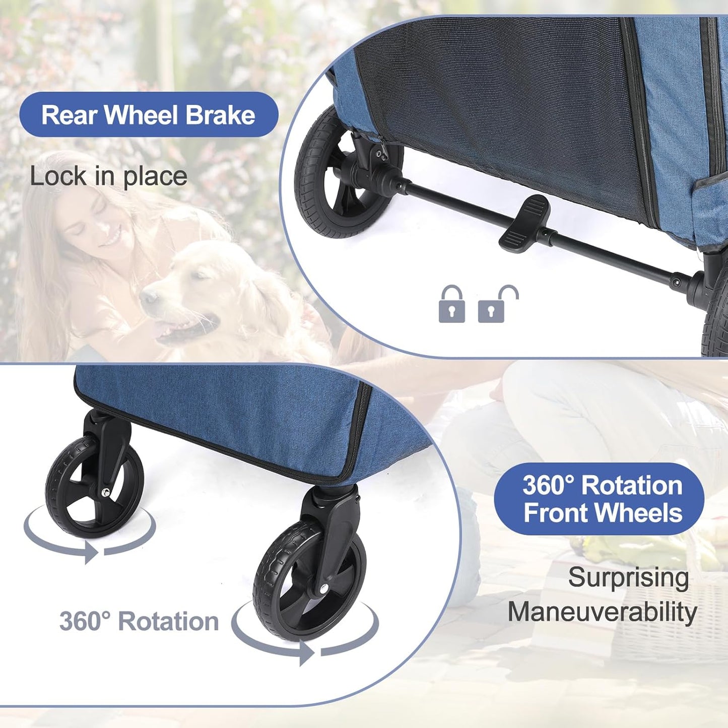 Large Dog Travel Stroller with 4 Heavy Duty Wheels Pet Stroller with Adjustable Handle - Double Doggie Capacity Jogger Wagon with Back Front Door for Small Medium Large Dogs (Navy-C)