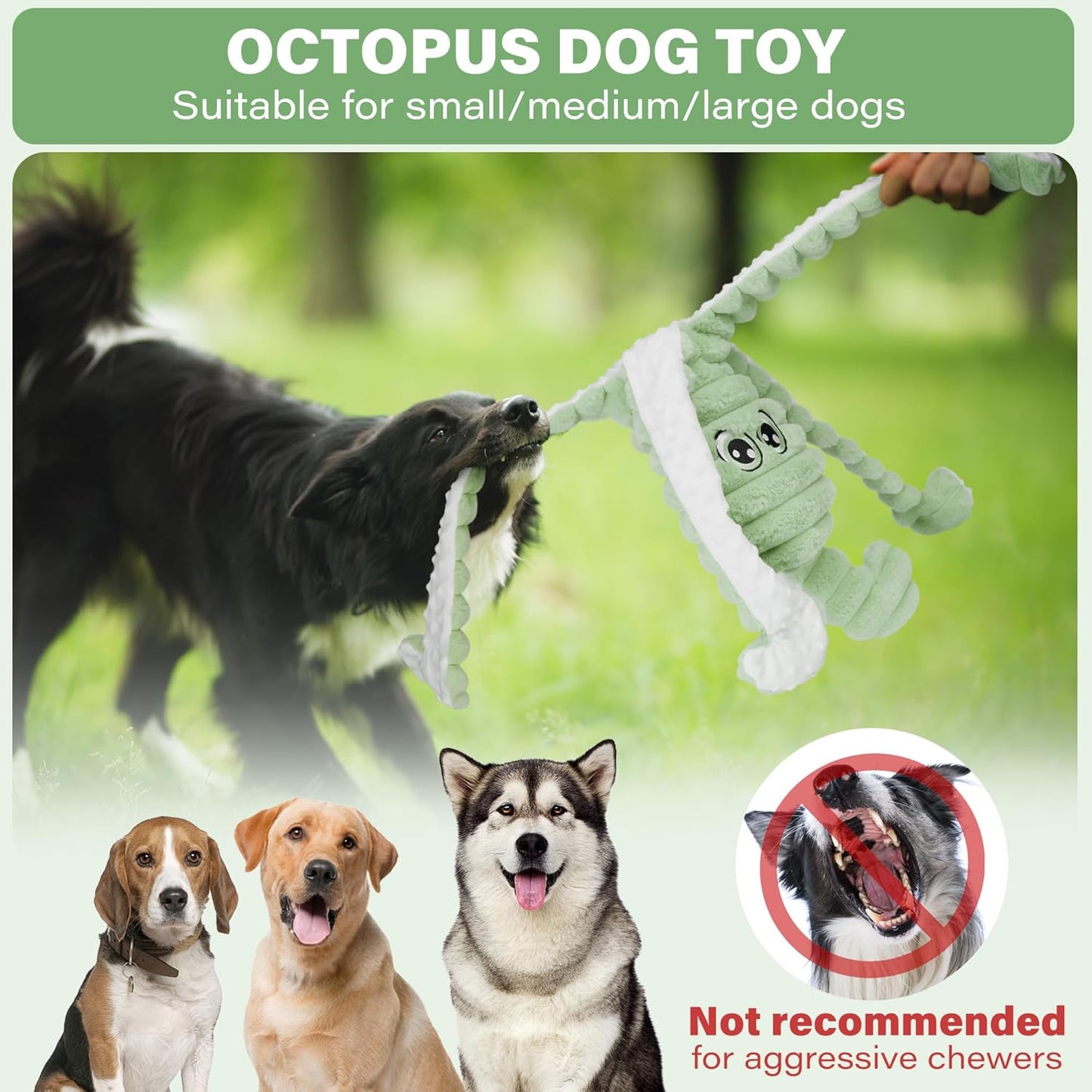 Prime Pets Dog Toys for Large Dogs, 27” Extra Large Plush Octopus Dog Toy, Crinkle Squeaky Dog Toy for Small Medium Large Breeds, Interactive Stuffed Chew Toys to Keep Them Busy, Green