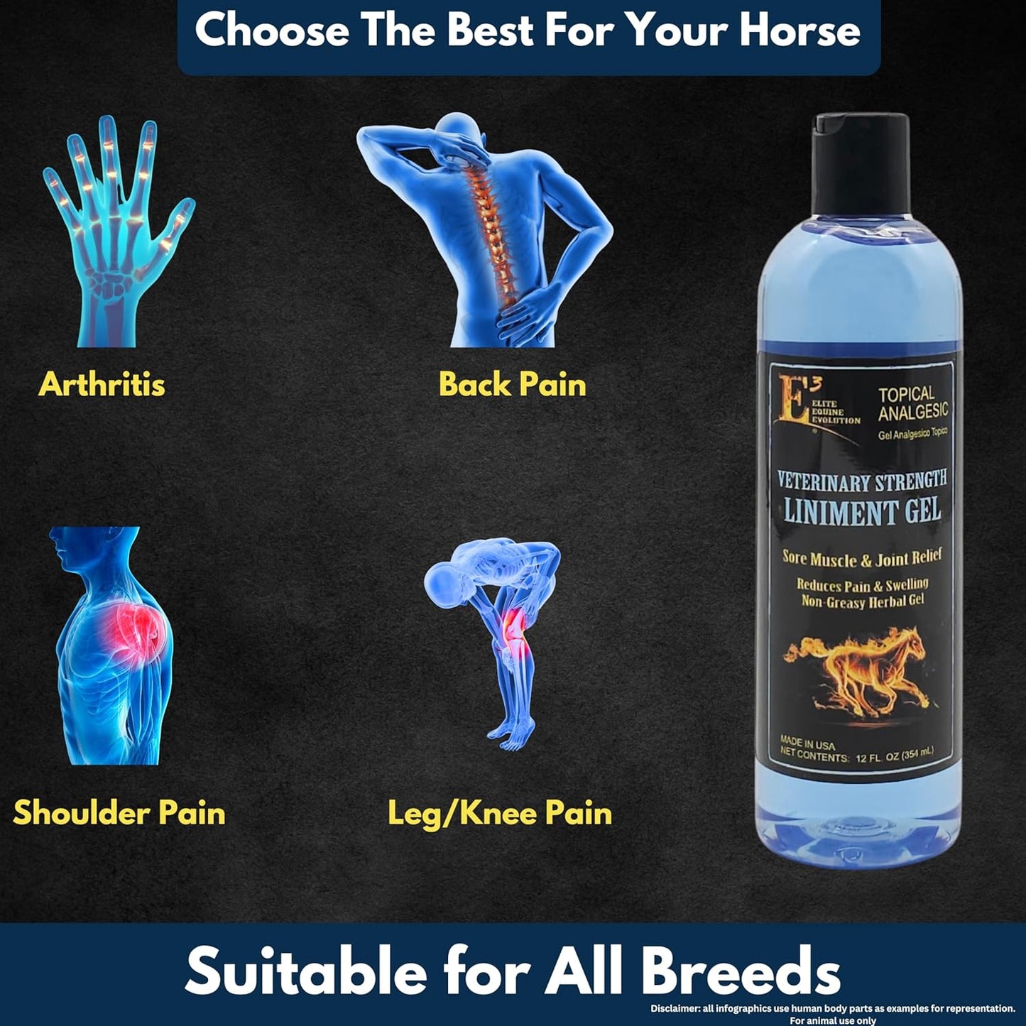 E3 Veterinary Strength Liniment Gel for Sore Muscle & Joint Relief - Reduces Pain & Swelling - Horse Liniment for Humans & Pets - Arthritis Aid - Non-Greasy Herbal Formula- Topical Analgesic