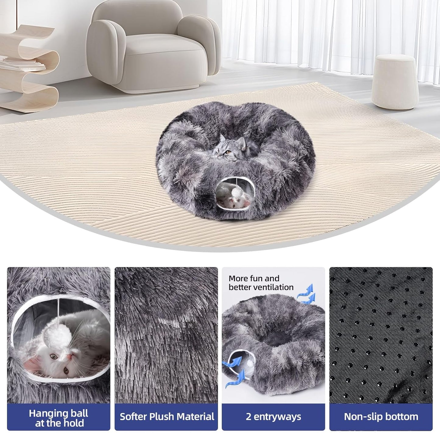 Odoland Cat Tunnels for Indoor Cats with Fluffy Plush Central Cat Couch and 20 Cat Toys, Tunnel Bed for Cats with Hanging Ball, Detachable Soft Mat and Variety Kitty Toy Set, Grey
