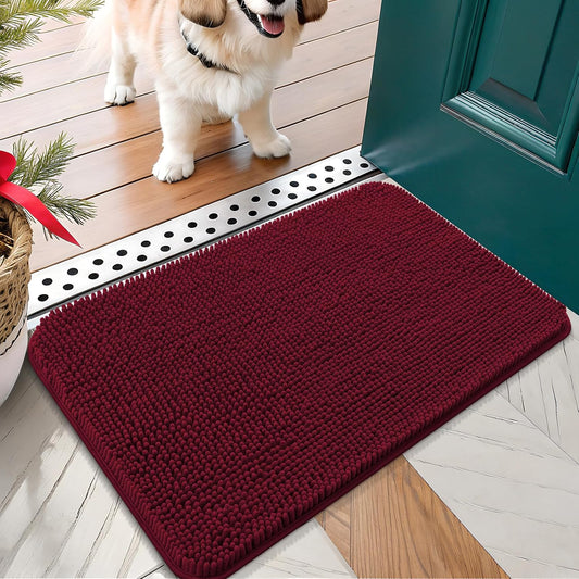 OLANLY Dog Door Mat for Muddy Paws 30x17, Absorbs Moisture and Dirt, Absorbent Non-Slip Washable Doormat, Quick Dry Chenille Mud Mat for Dogs, Entry Indoor Entryway Carpet for Inside Floor, Burgundy
