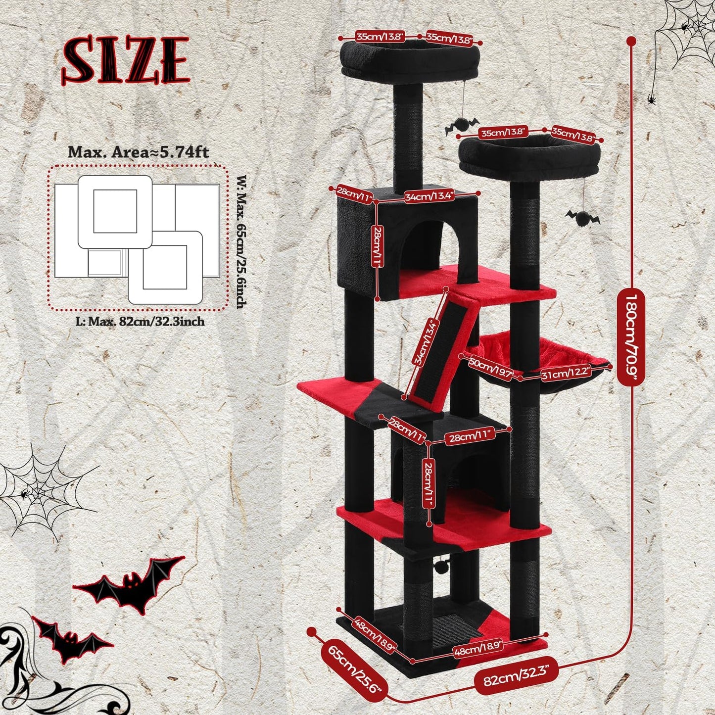 PAWZ Road 70 Inch Cat Tower, Gothic Cat Tree with 2 Cozy Condos, 2 Plush Perch, Large Basket, 2 Scraching Pad & 6 Scraching Posts for Indoor Cats Large Adult