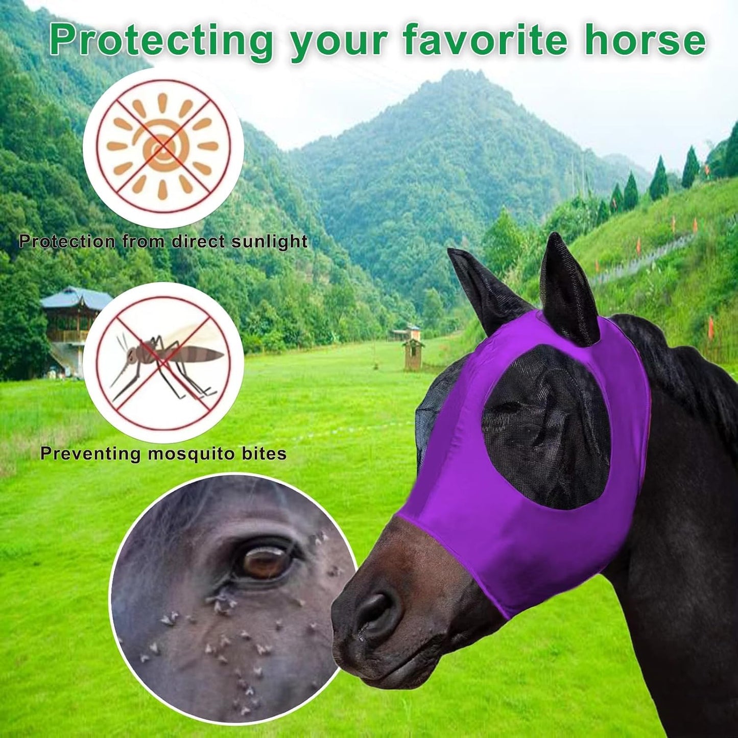 Horse Fly Mask with Ears, Comfortable Fit Stretch Fabric with UV Protection Soft on Skin Breathability for Small/Medium Size Horses (Purple)