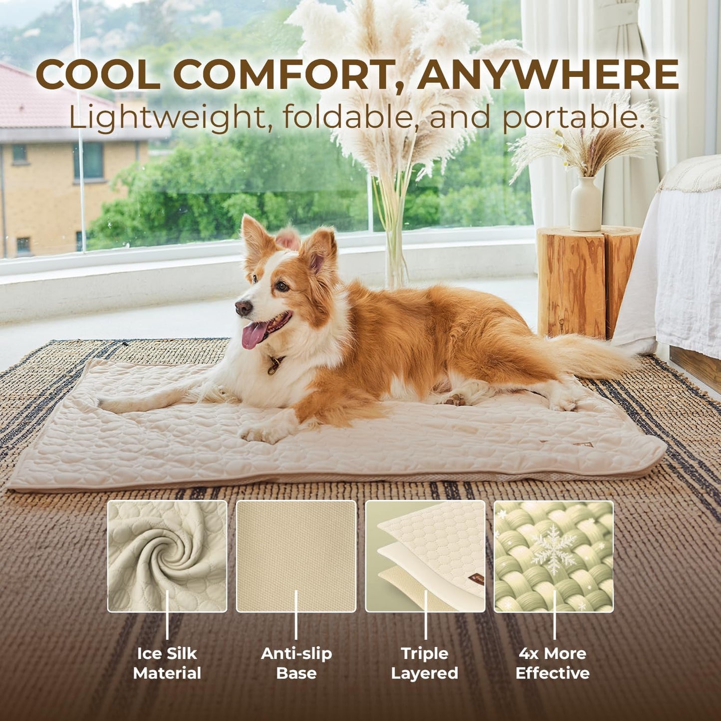 Dog Cooling Mat- Ice Silk Summer Comfort, Self Cooling, Non-Slip Dog Pad, Durable & Washable, Mat for Large Dogs 65x95 cm, Support Shelter Dogs with Every Purchase (Beige)