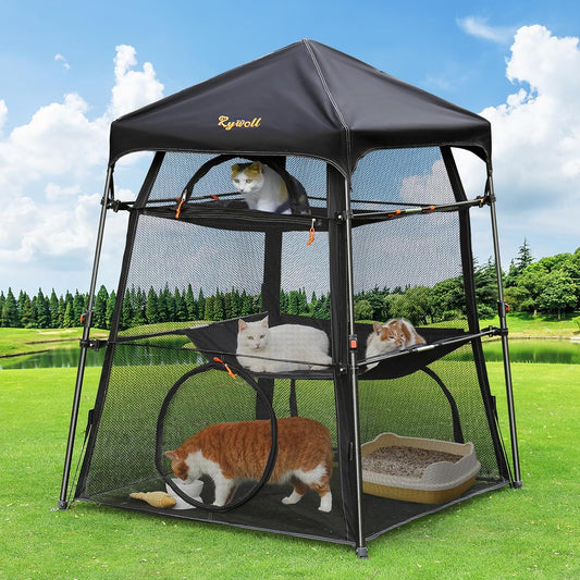 Extra Large Catio Outdoor Cat Enclosure, Rywell 3-Tier Spacious Outdoor Cat Tent, Weatherproof&Sunproof with 5 Windows, Foldable Cat Enclosure for Patio, Camping, Indoor(Includes Carry Bag)