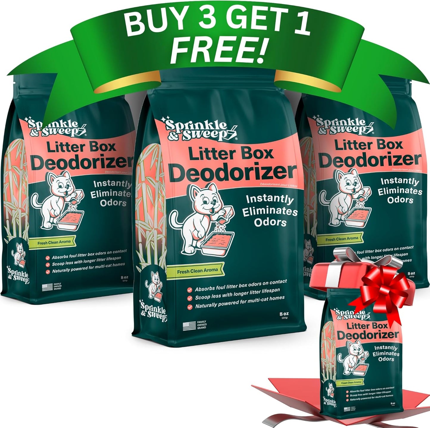 Sprinkle & Sweep Litter Box Deodorizer - Cat Litter Deodorizer Non Toxic and Safe for Kittens - Instantly Eliminates Foul Smells and Urine Odors (Pack of 4)