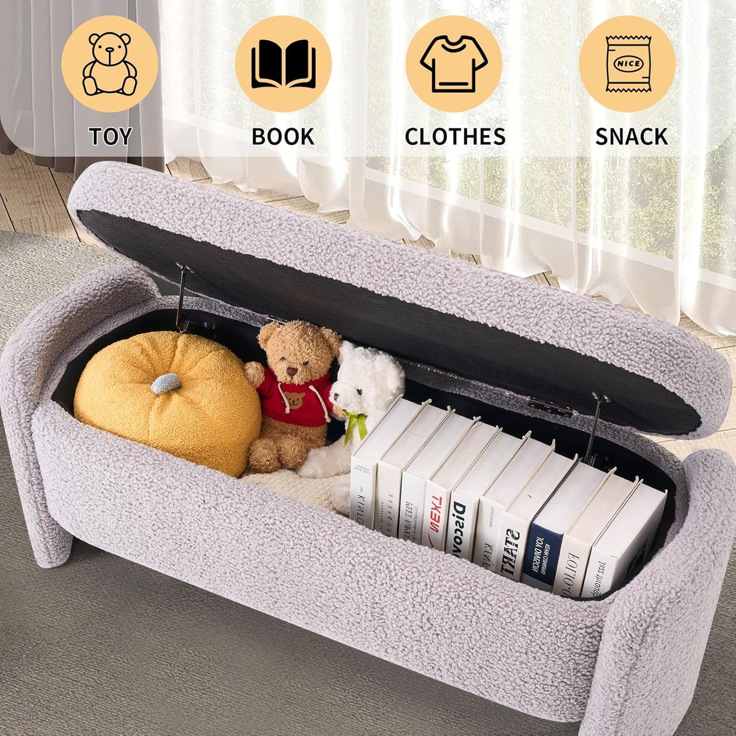 48 Inch Lamb Fleece Oval Storage Bench Upholstered Ottoman Bench with Storage, Bedroom Bench with Large Storage Space, for Bedroom Living Room Entryway, Grey
