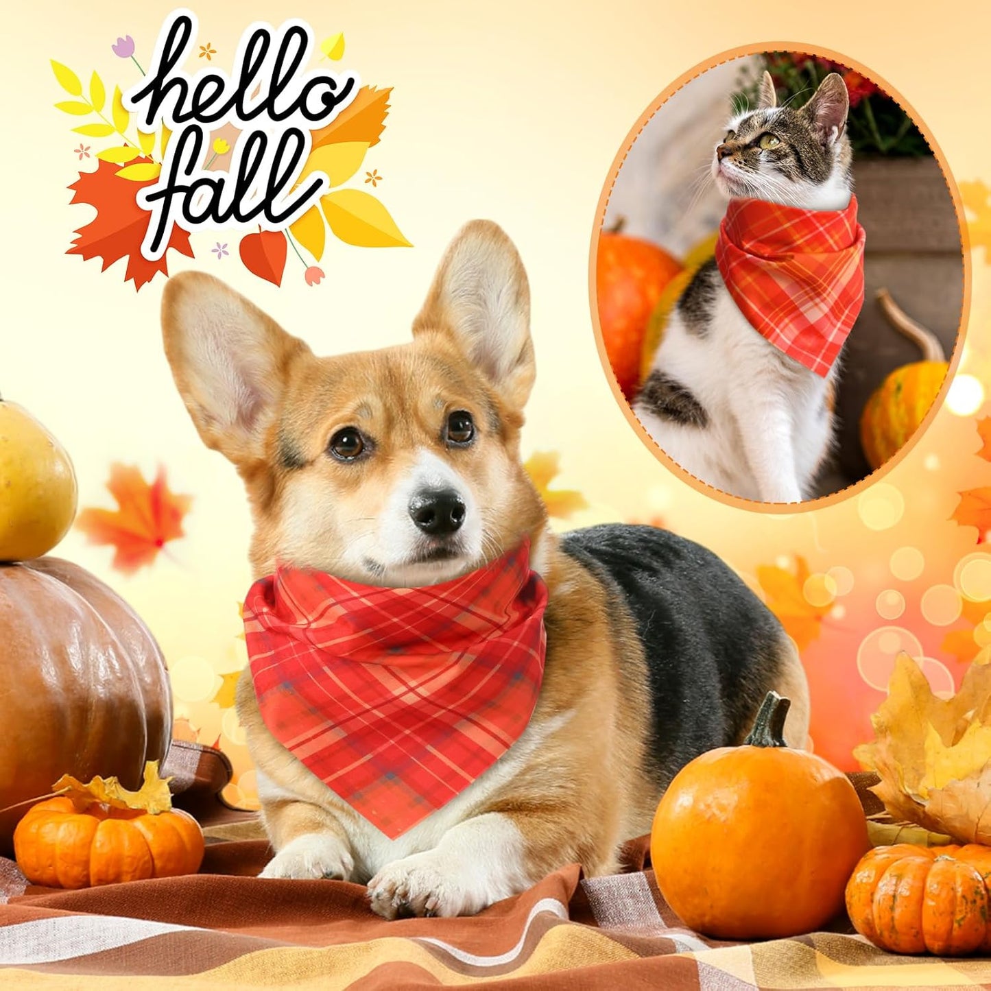 100 Pieces Fall Dog Bandanas Bulk Plaid Bandanas for Dogs Autumn Thanksgiving Soft Doggie Bibs Adjustable Triangle Scarves for Small Medium Large Pet Fall Autumn Costume