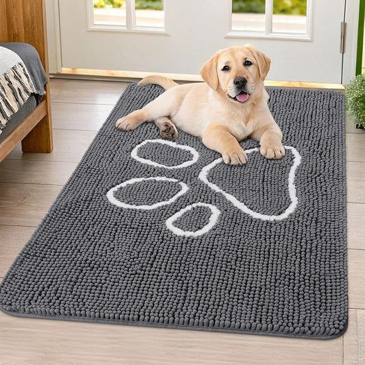 Smiry Dog Door Mat for Muddy Paws, Absorbent Dirt Trapper Non Slip Quick Dry Washable Chenille Mat for Mud Dogs, Entry Rug for Indoor and Outdoor (40x32 Inches, Dark Grey and White)