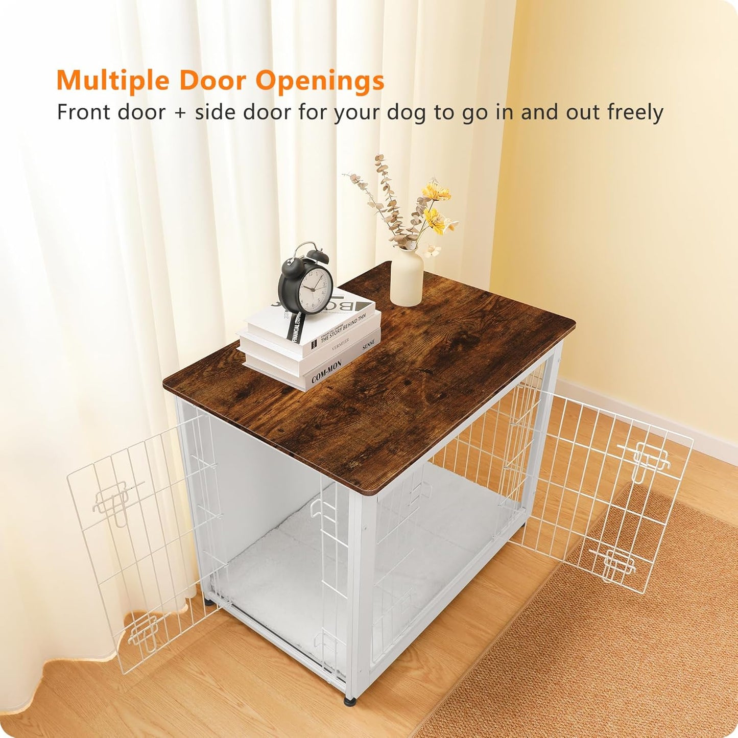 DWANTON Dog Crate Furniture with Cushion, Wooden Kennel Table with Double Doors, Indoor Dog House, Medium Size, 32.5" L, White+Rustic Brown