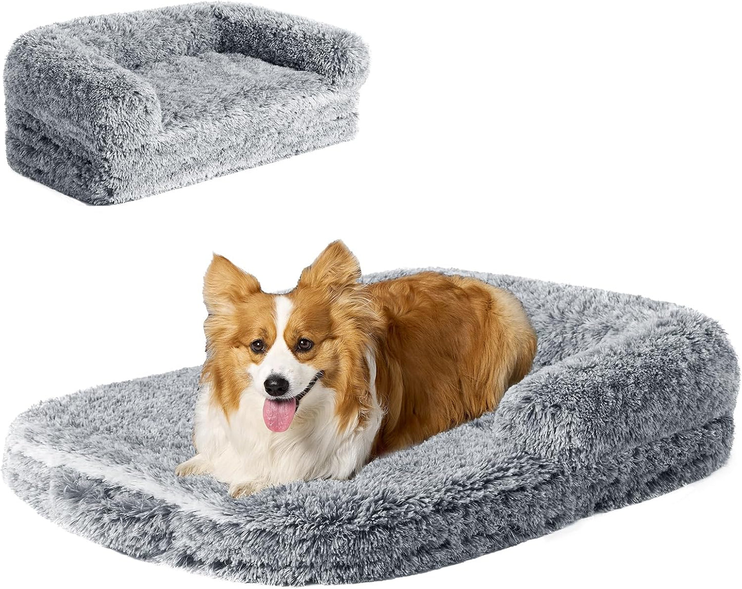 EHEYCIGA Foldable XL Dog Bed, Faux Fur Fluffy Pet Couch Bed for Large Dogs, Orthopedic Calming Memory Foam Big Pet Bed, Washable Soft Pet Sofa Bed with Non-Slip Bottom, Grey, 46"x34"x6.5"