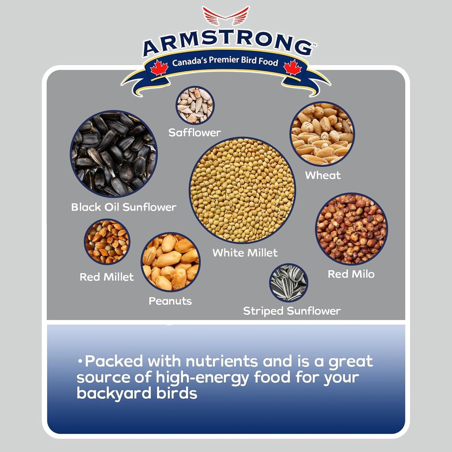 Armstrong Wild Bird Food Premium Blend, 30.8 Pounds - with White Millet, Black Oil Sunflower, Wheat, Peanuts, Striped Sunflower and Safflower for Northern Cardinals and Black-Capped Chickadees