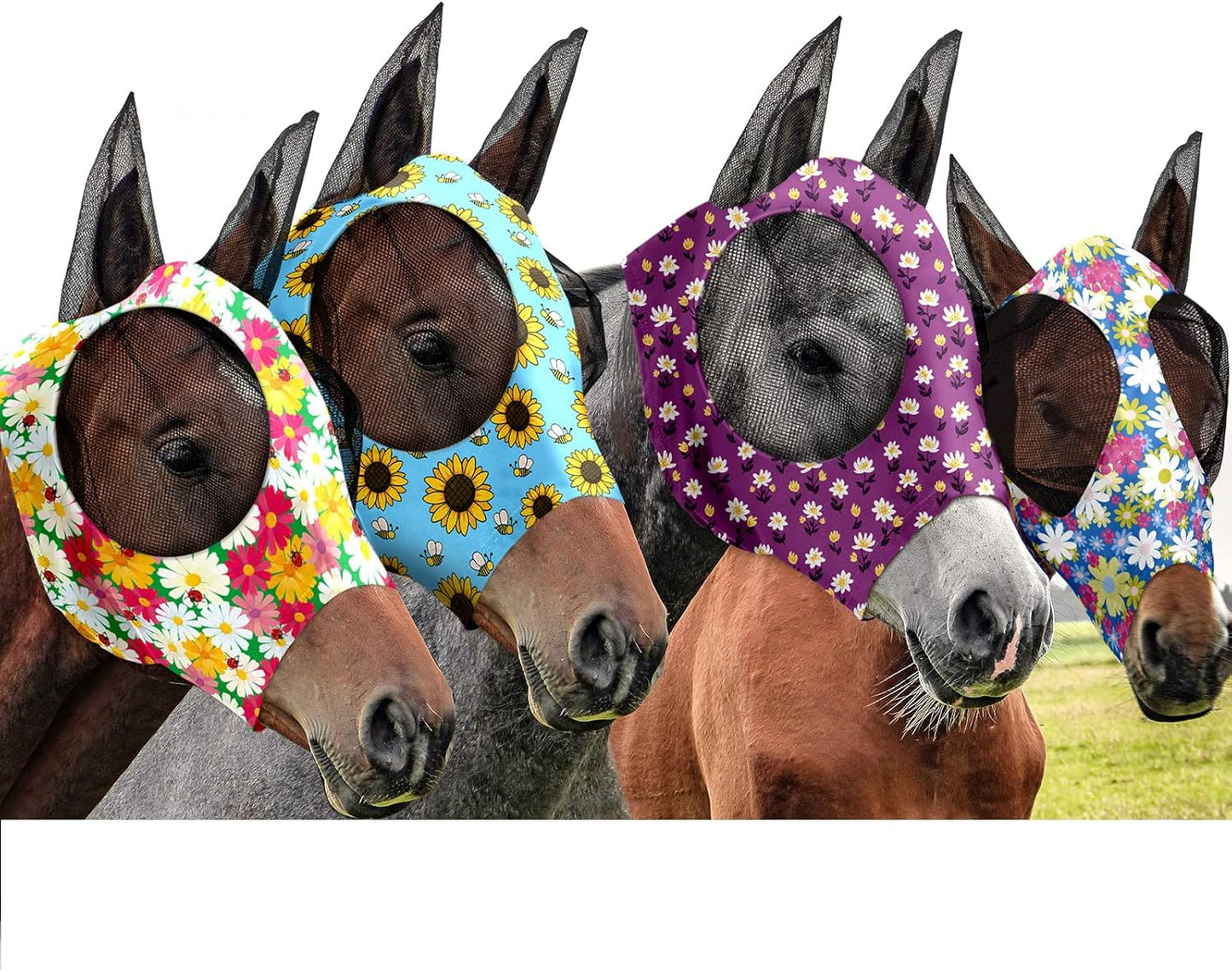 Frienda 4 Pieces Horse Fly Masks with Ears Face Covering UV Protection from Insect Pests Elasticity Smooth Comfortable Mesh Horse Mask Accessories(Flower,Medium)