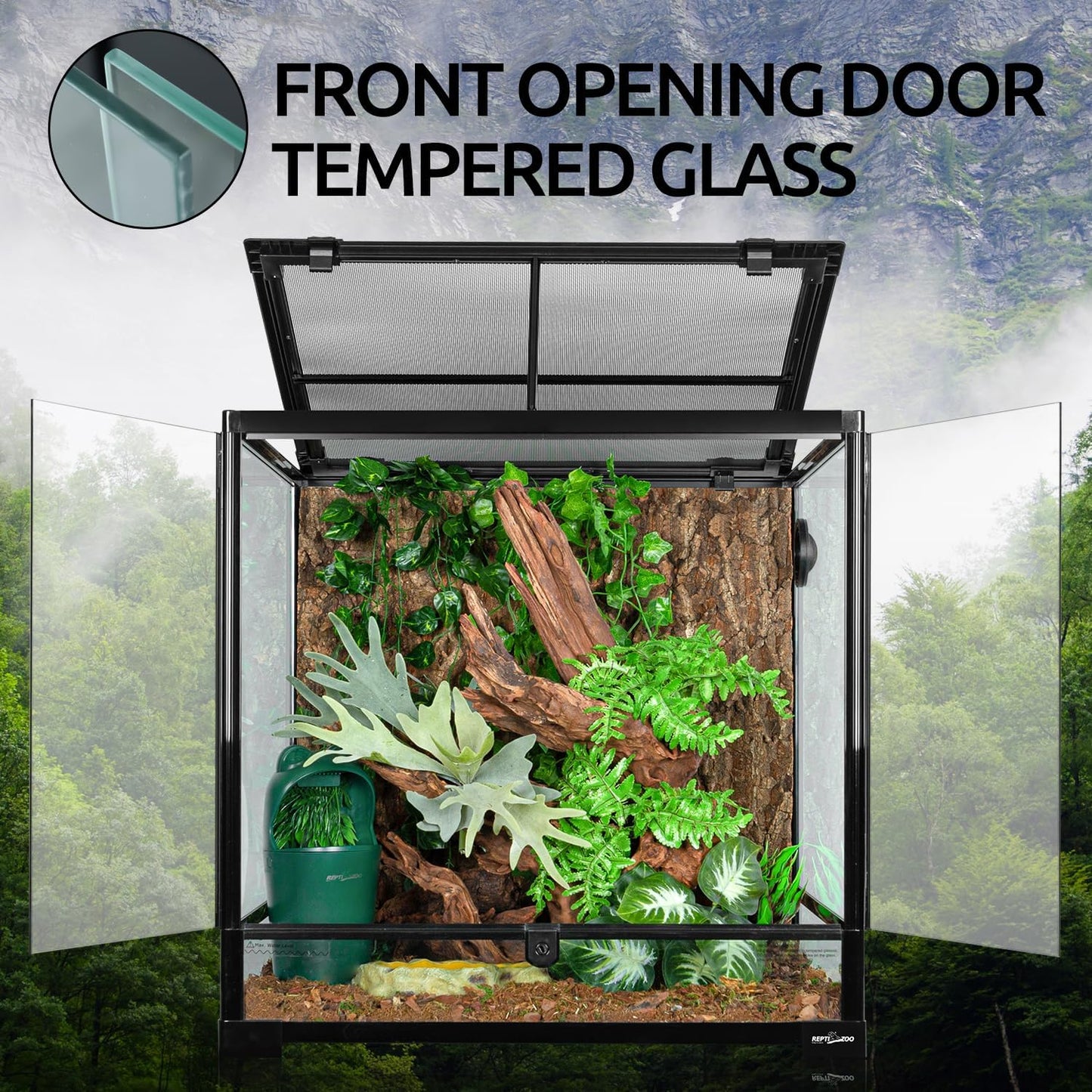 REPTIZOO 60 Gallon Glass Reptile Tank, 24" x 24" x 24" Large Reptile Terrarium Front Opening Terrarium with Double Hinge Door and Top Screen Ventilation, Easy Assembly Enclosure Tank