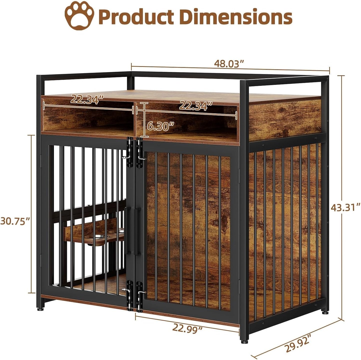 Large Dog Crate Furniture, 48 Inch Wooden Dog Crate, Heavy Duty Dogs Kennel with 2 Drawers Storage, 360° Adjustable Raised Feeder, Indoor Dogs House End Table