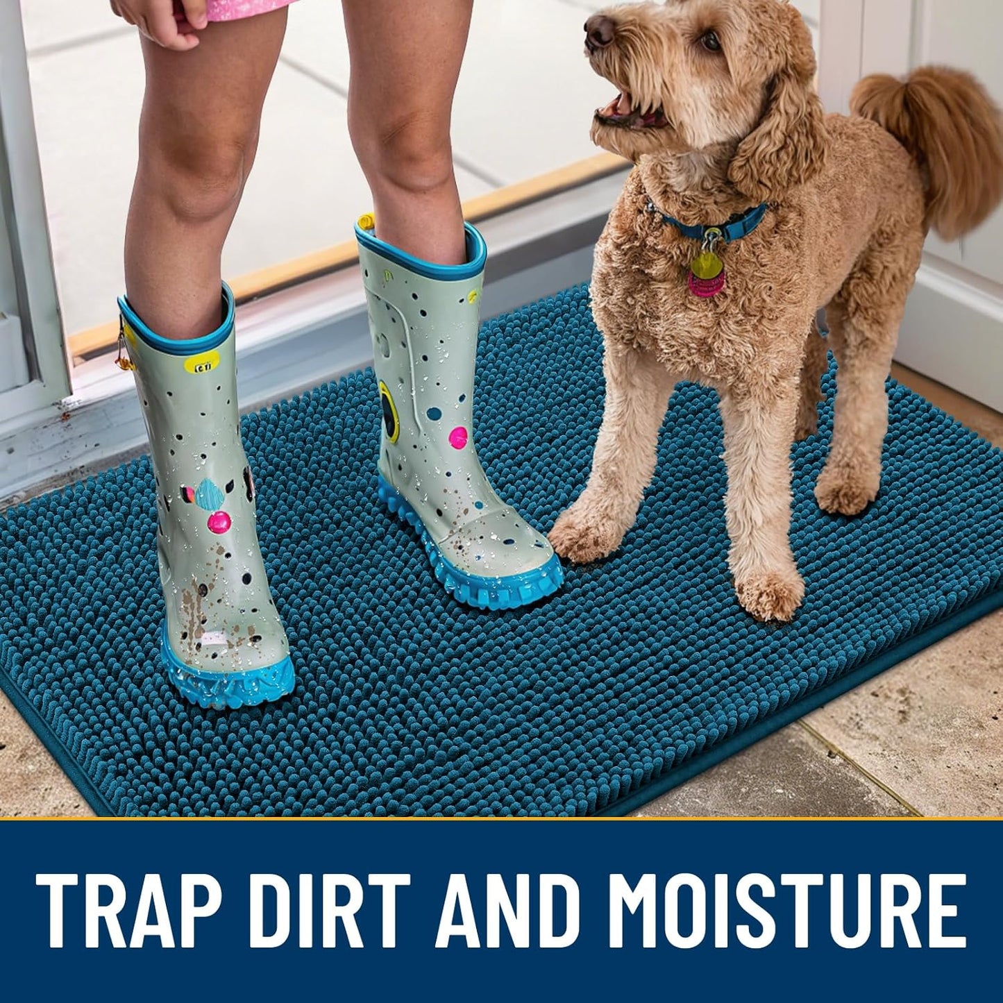 Smiry Dog Door Mat for Muddy Paws 47x32, Absorbs Moisture and Dirt Doormat, Non-Slip Washable Quick Dry Chenille Front Door Mat Indoor Entrance, Entryway Carpet for Inside Floor, Atlantic Blue