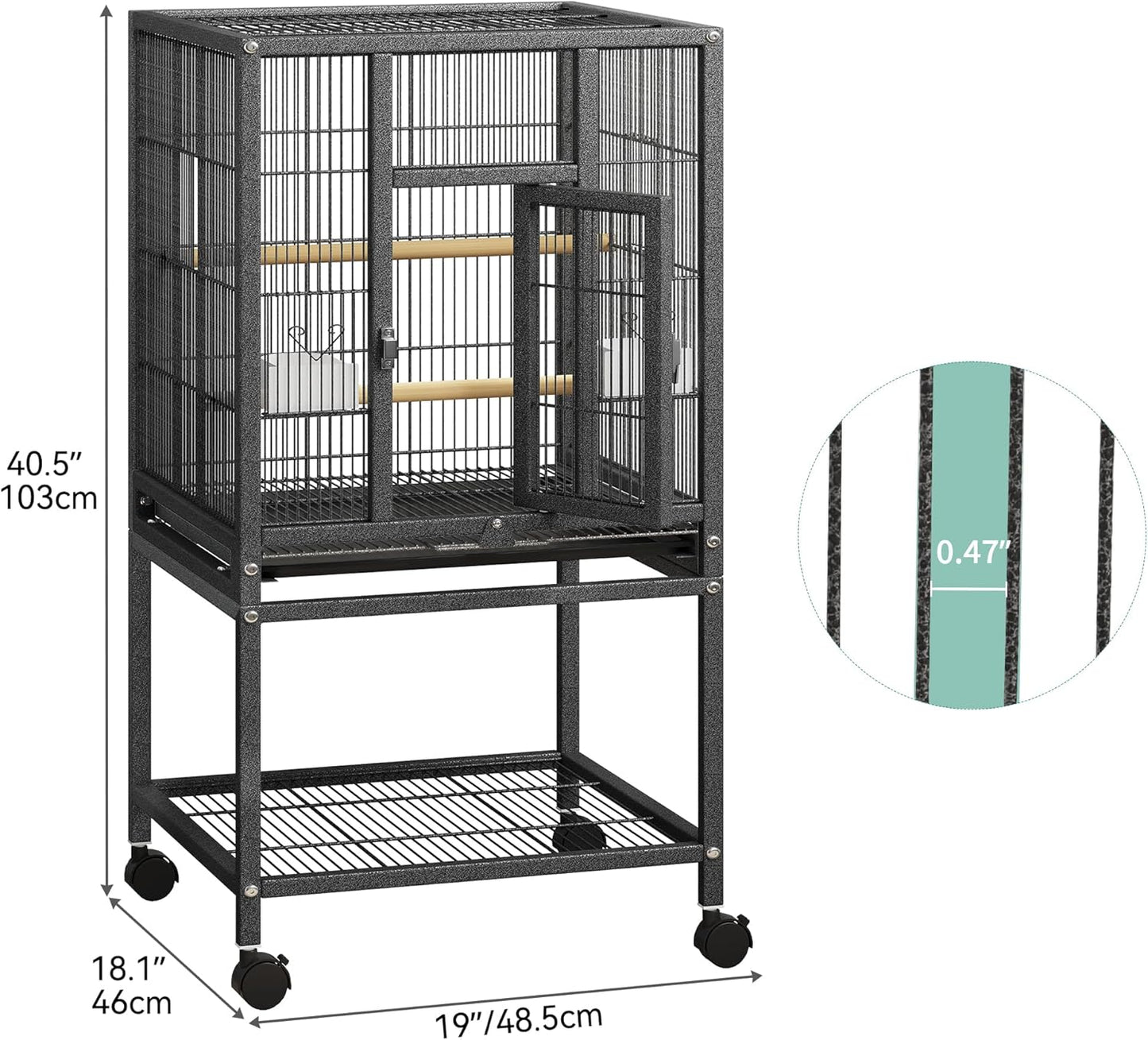 YITAHOME 41 inches Metal Bird Cage for Parakeets: Large Parrot Cages with Tray, Food Boxes, and Wooden Perches with Rolling Stand & Brakes for Lovebirds Cockatiels Pigeon Finches, Black