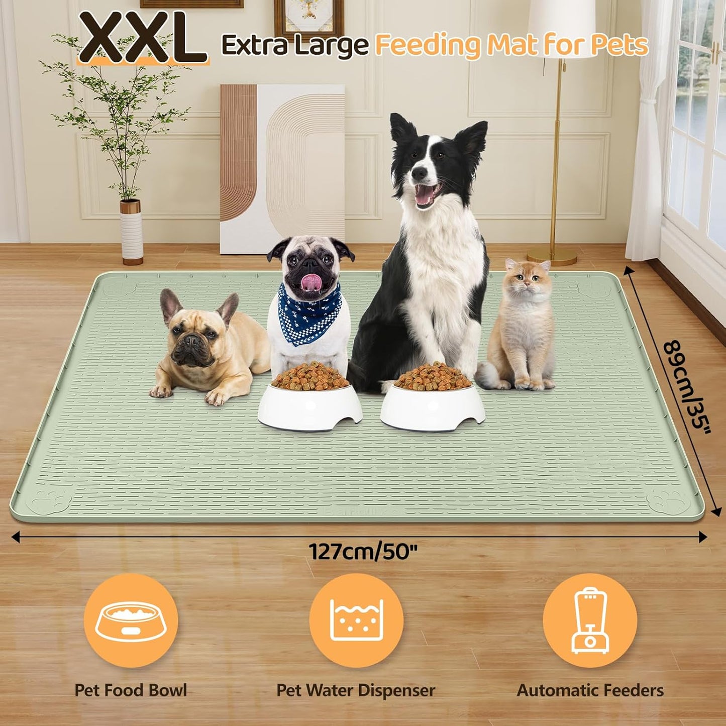 Dog Food Mat, Extra Large 50" x 35" Silicone Pet Feeding Mat with Raised Edge Pet Placemat for Small, Medium, and Large Pets Non-Slip, Easy to Clean (Green)