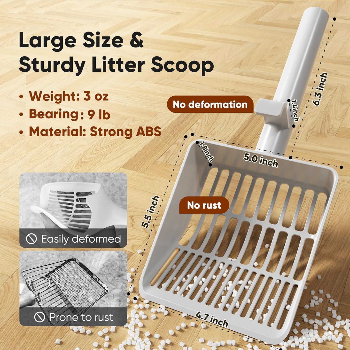 Large Cat Litter Scoop, Heavy-Duty Litter Scoop with Dual Sifting Holes for Fast & Fine Clumping, Kitty Litter Scooper with Long Handle & Easy-to-Hang Hook for Litter Box