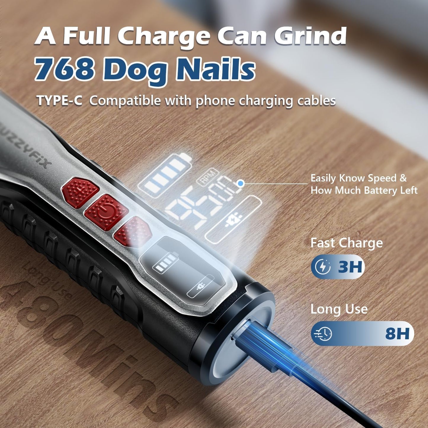 Dog Nail Grinder, Nail Clippers with LED Light, USB Rechargeable Electric Dog Nail Trimmer 5-Speed Paws Grooming & Smoothing for Large Medium Small Dogs Cats Pet