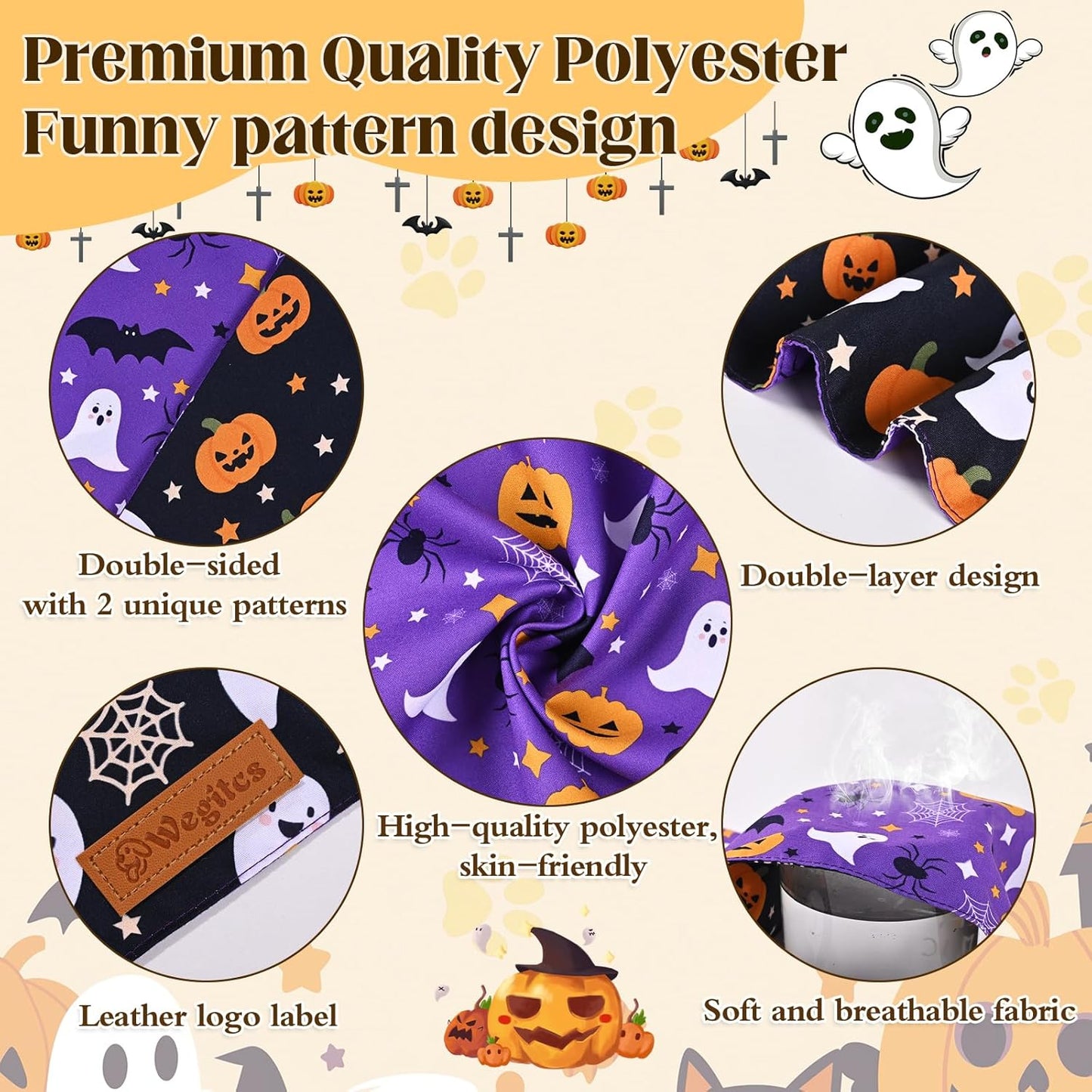 2 Pack Halloween Dog Bandanas,Leather Brand Logo, Double-Layed Soft Skin-Friendly Fabric, Autumn Scarf Accessory for Boys & Girls,Suitable for Halloween, Daily Walks & Family Outings
