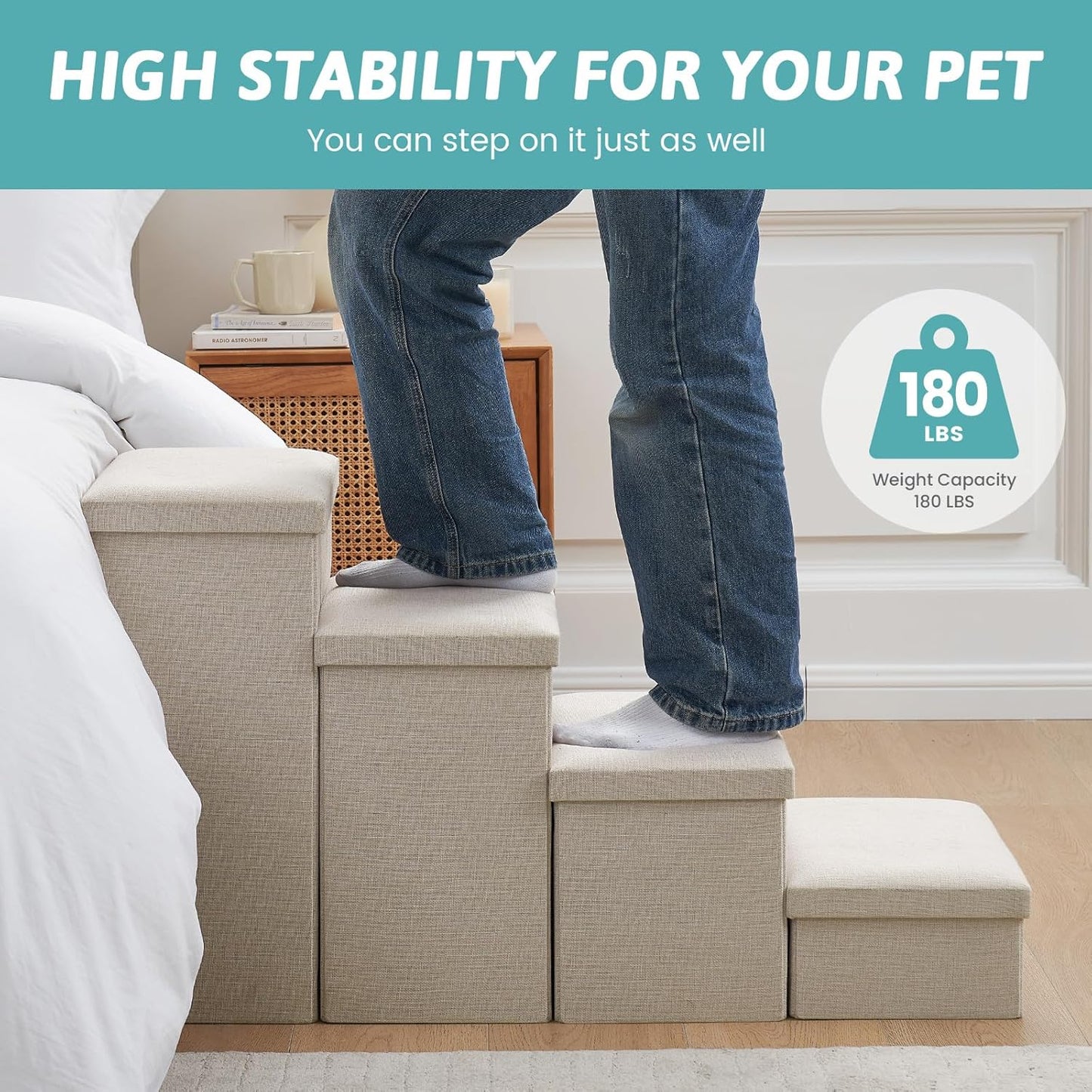 Dog Stairs with Storage, 3-Step Wider Sturdy Dog Steps for Small/Medium/Large Dogs and Older Cats, Folding Doggie Ramp for Bed/Couch/Car Hold Up to 180 lbs (16.7" H, Beige)