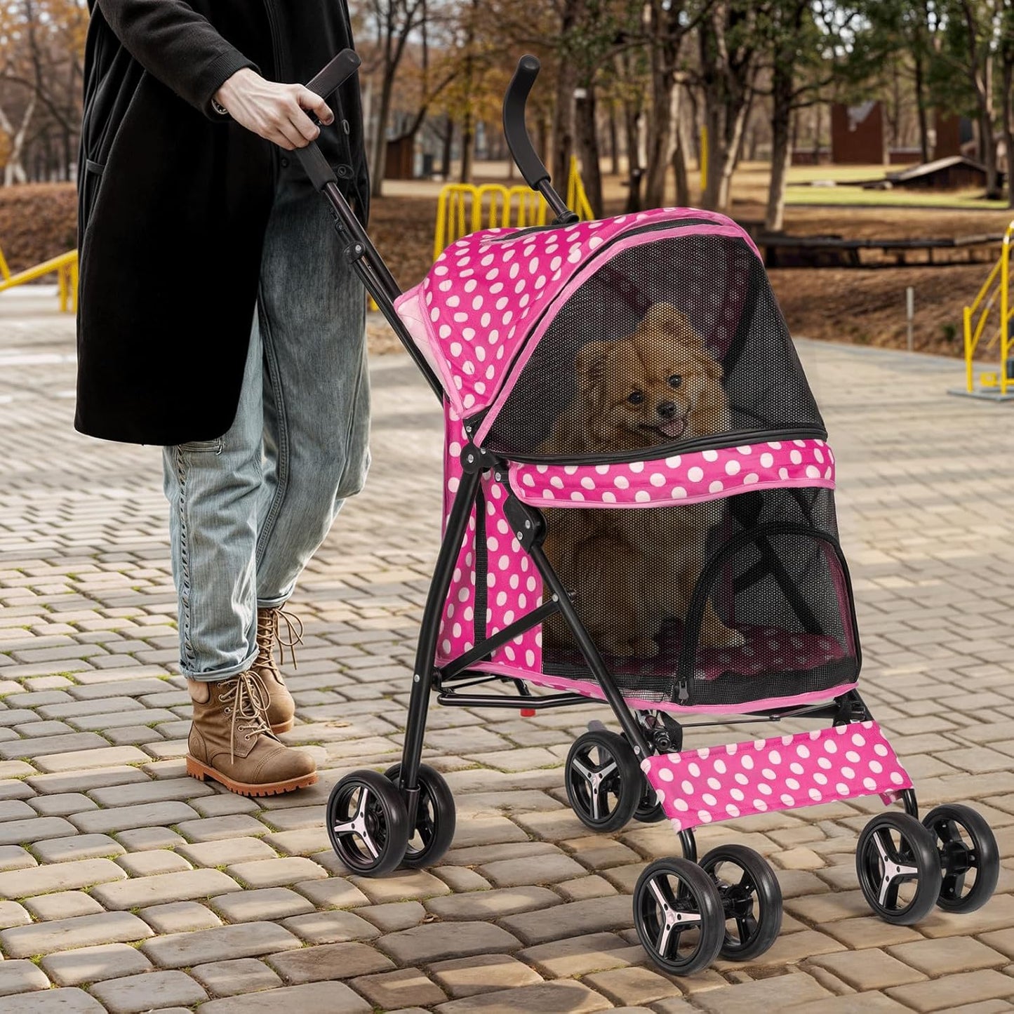 Magshion Compact Pet Stroller for Small-Medium Dogs/Cats up to 22lbs, 4-Wheel Lightweight Umbrella Shaped Portable Puppy Travel Jogger with Breathable Mesh & Rear Storage, Pink Polka Dots