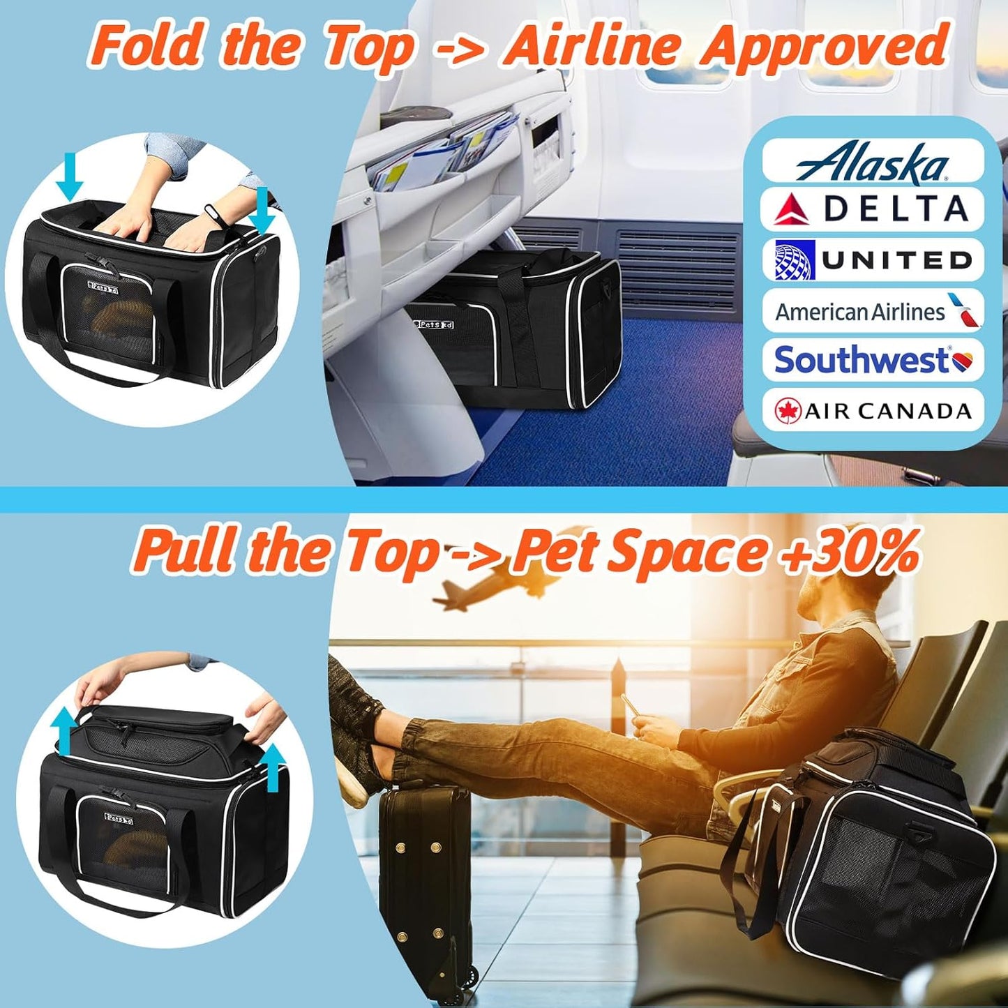 Petskd Top-Expandable Pet Carrier 17x11x9.5 Inches Alaska Airline Approved, Soft-Sided Carrier for Small Cats and Dogs with Locking Safety Zippers and Anti-Scratch Mesh(Black)