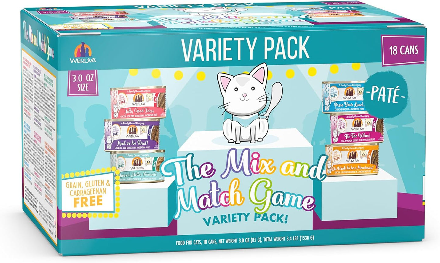 Weruva Wet Cat Food, The Mix and Match Game Pate Variety Pack, 3oz Can, Pack of 18