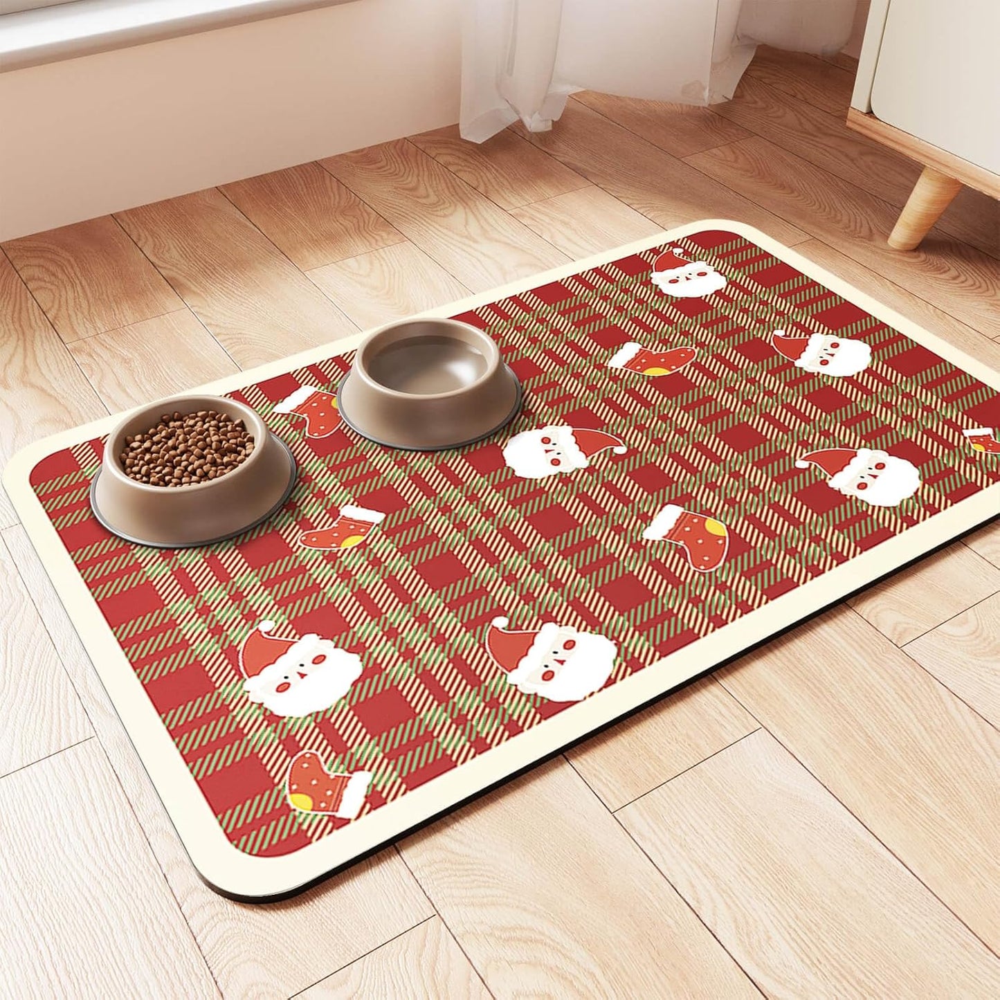 Pet Feeding Mat-Absorbent Pet Placemat for Food and Water Bowl, with Waterproof Rubber Backing, Quick Dry Water Dispenser Mat for Dog and Cat(Christmas, 16"x24")