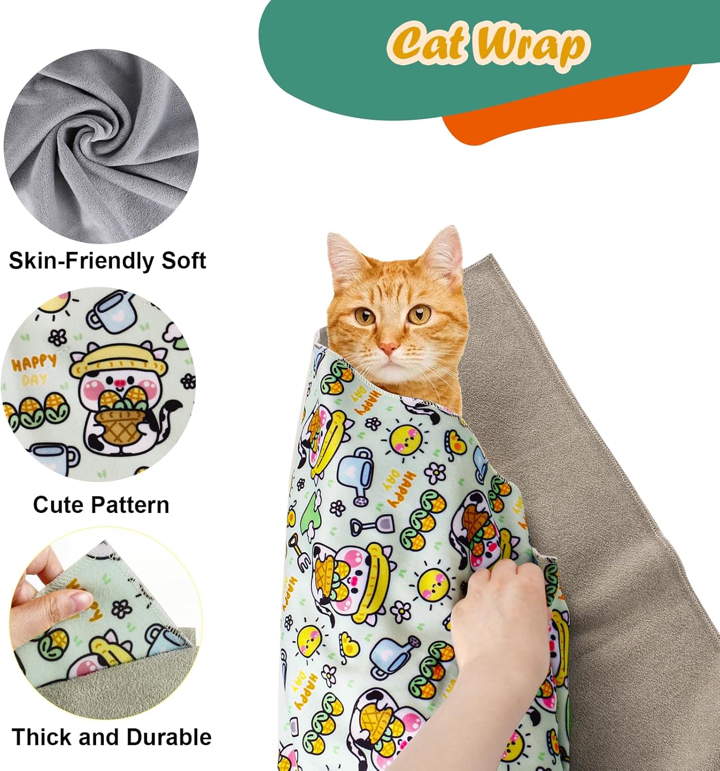 Cat Wrap for Cutting Nails and Grooming(27"x27"),Cat Restraint Wrap for Nail Clipping, Self-Adhesive Fabric Cat Swaddle Burrito Wrap for Nail Trimming (Cow Style)