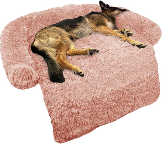 GGIB Calming Dog Bed Fluffy Plush Dog Mat for Furniture Protector with Removable Washable Cover for Large Medium Small Dogs and Cats (Large, Pink)