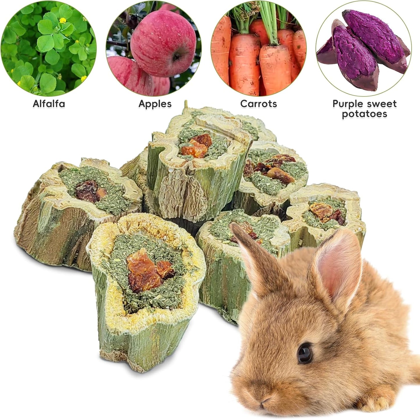 Fhiny Rabbit Chew Toys Natural Baked Papaya Wood Bunny Molar Treats Contain Alfalfa Grass Apple Carrot and Purple Sweet Potato Filling for Hamsters Guinea Pigs Chinchillas Teeth Grinding(0.22 lb)
