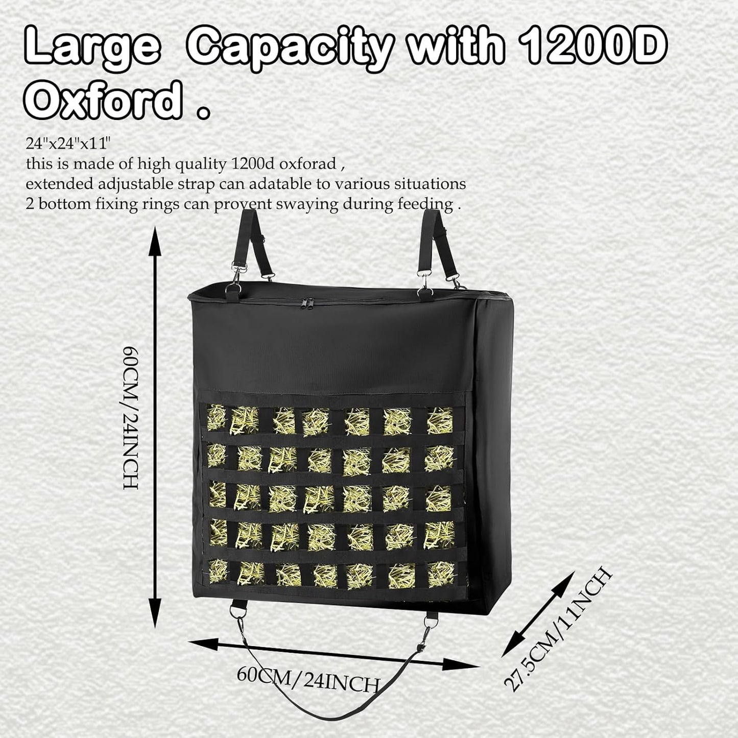 1Pcs Hay Bag for Horse,1200D Oxford Fabric Slow Feed Bags with Front Hay Nets Design and Heavy Duty Zipper Large Top Load Feeding Bag for Horses and Livestock,Black
