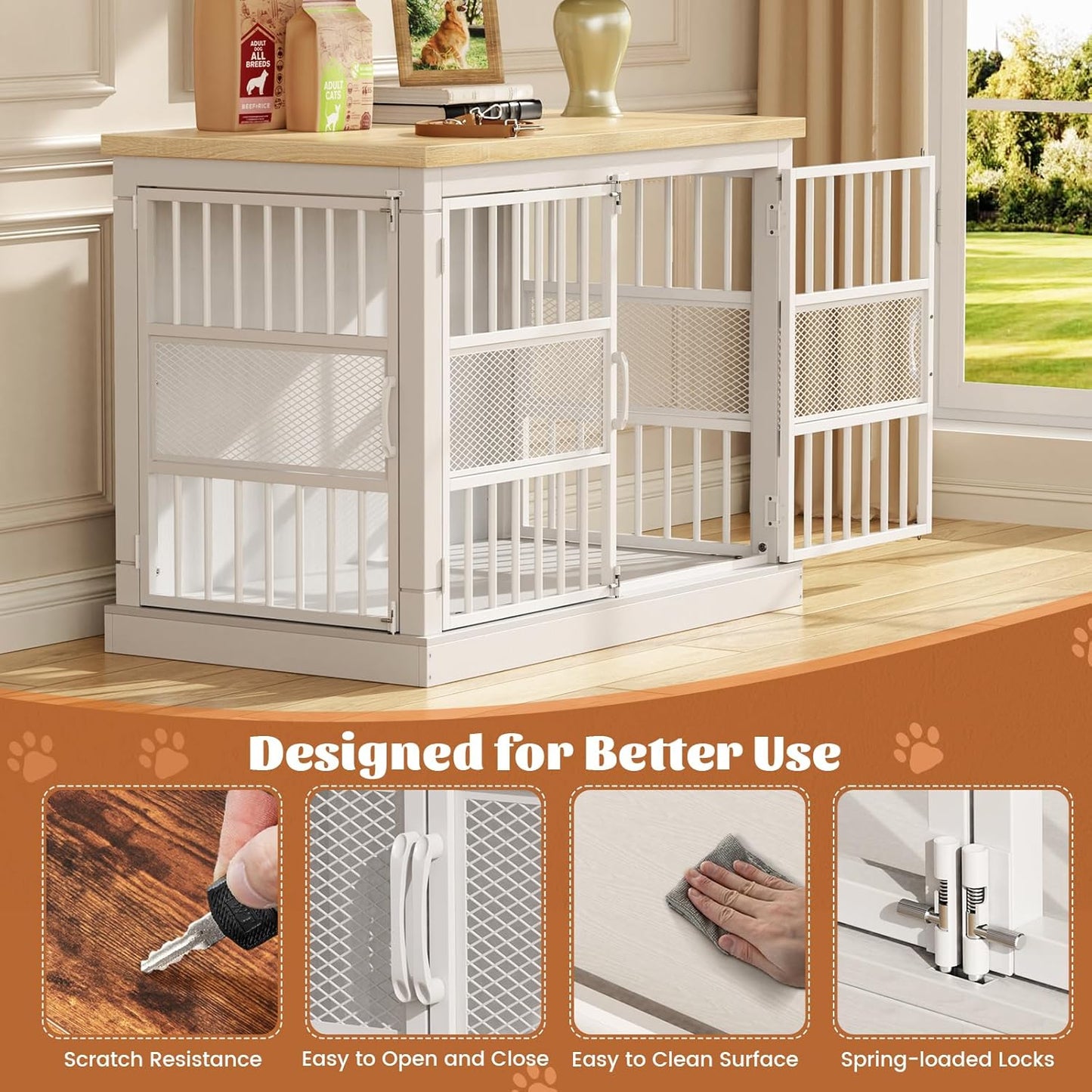 VOPEAK 46" Dog Crate Furniture, Chew Resistant Large Dog Crate for Medium Large Dogs, Heavy Duty XL Dog Crates Dog Kennel Cage Indoor with Double Doors, End Table for Bedroom Living Room, White