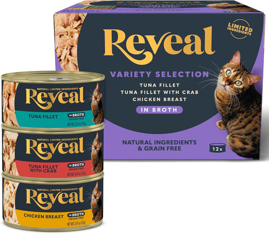 Reveal Natural Wet Cat Food, 12 Count, Grain Free, Limited Ingredient Canned Food for Cats, Fish and Chicken Variety in Broth, 2.47 oz Cans
