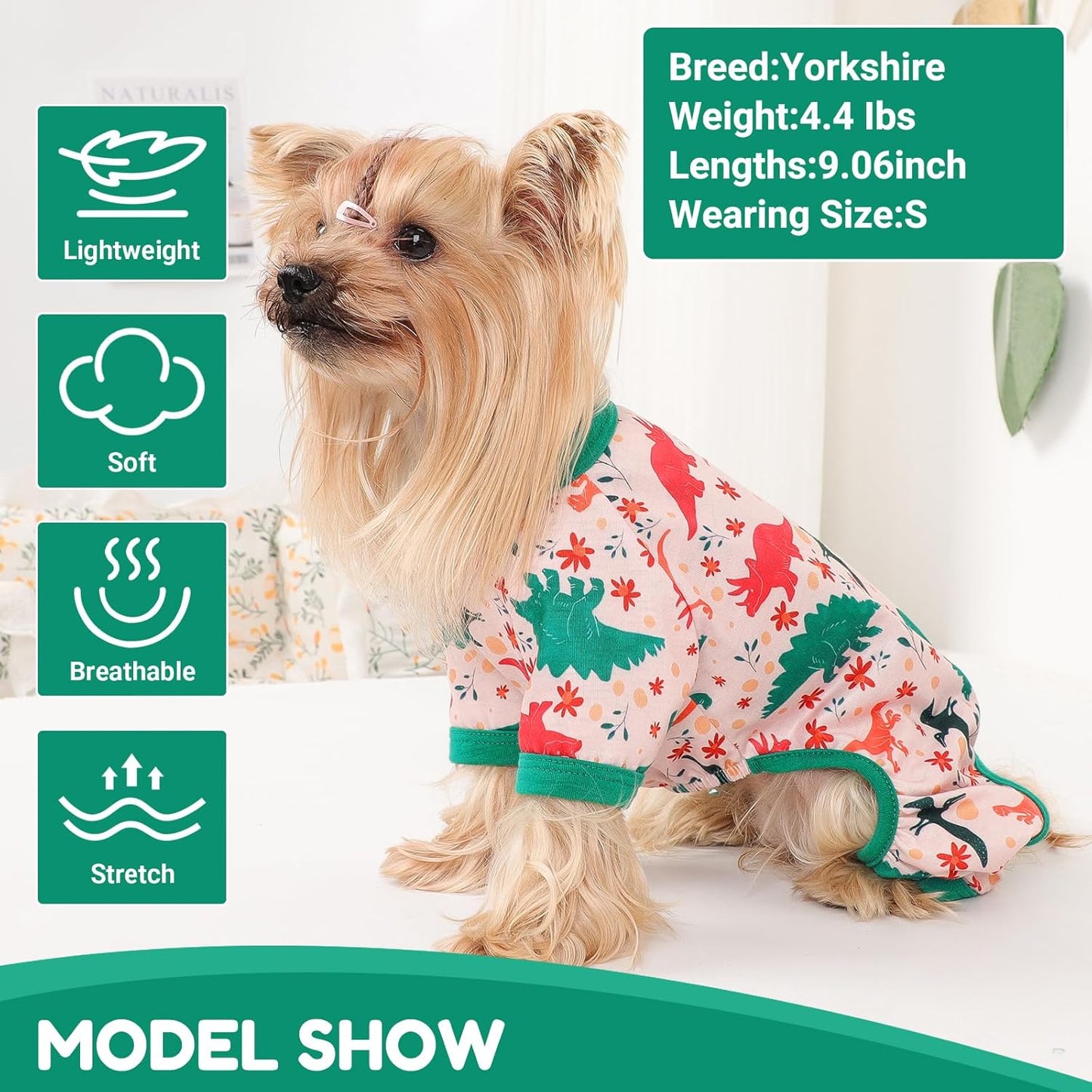 Dog Pajamas Small Sized Dogs Stretchable Summer Dog Clothes Pjs 4 Legs Girl Boy Cute Soft Puppy Outfits Doggie Cat Jammies Jumpsuit Sleeper for Pet, Dinosaur, L